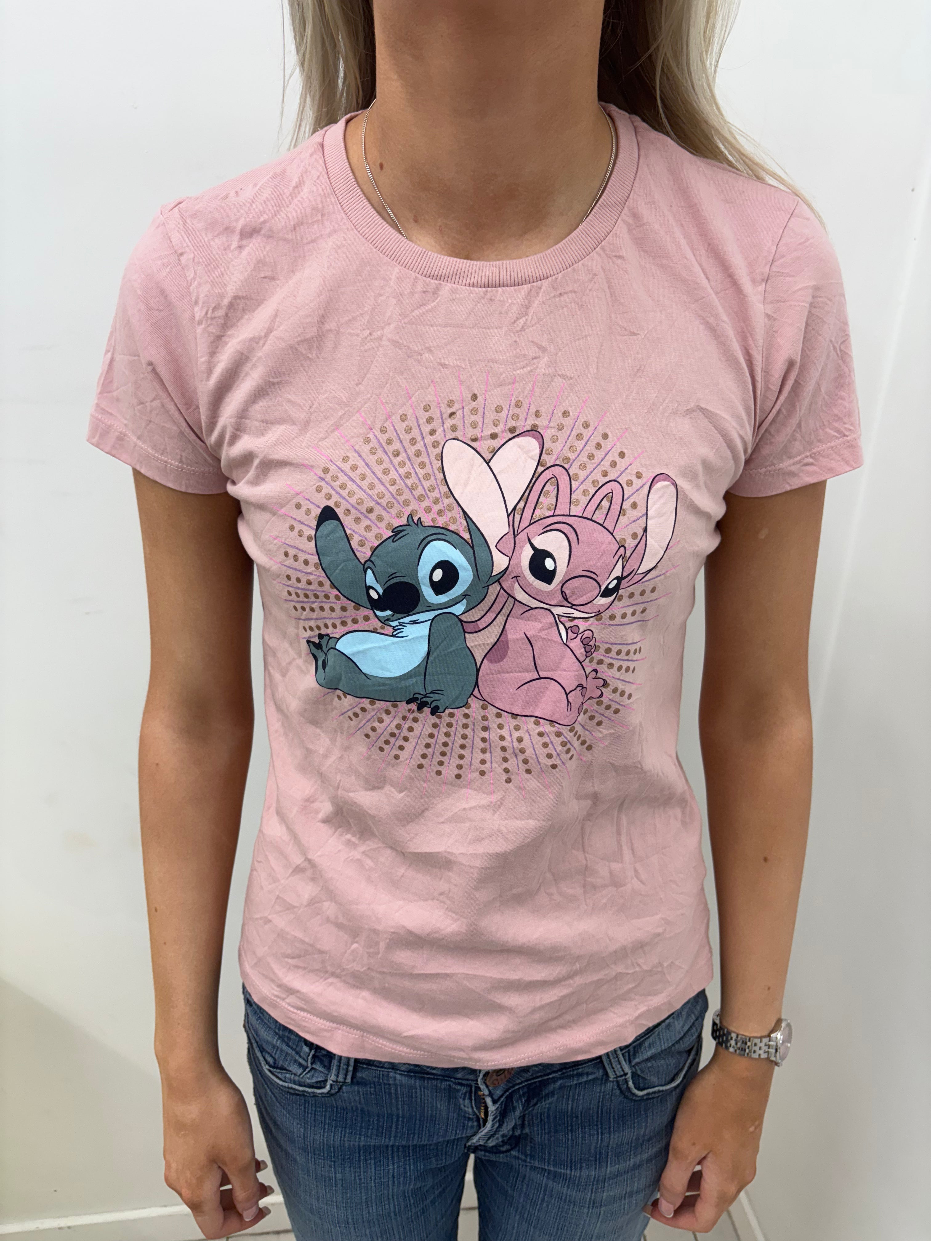 Pink Graphic Tee with Blue and Pink Disney Characters