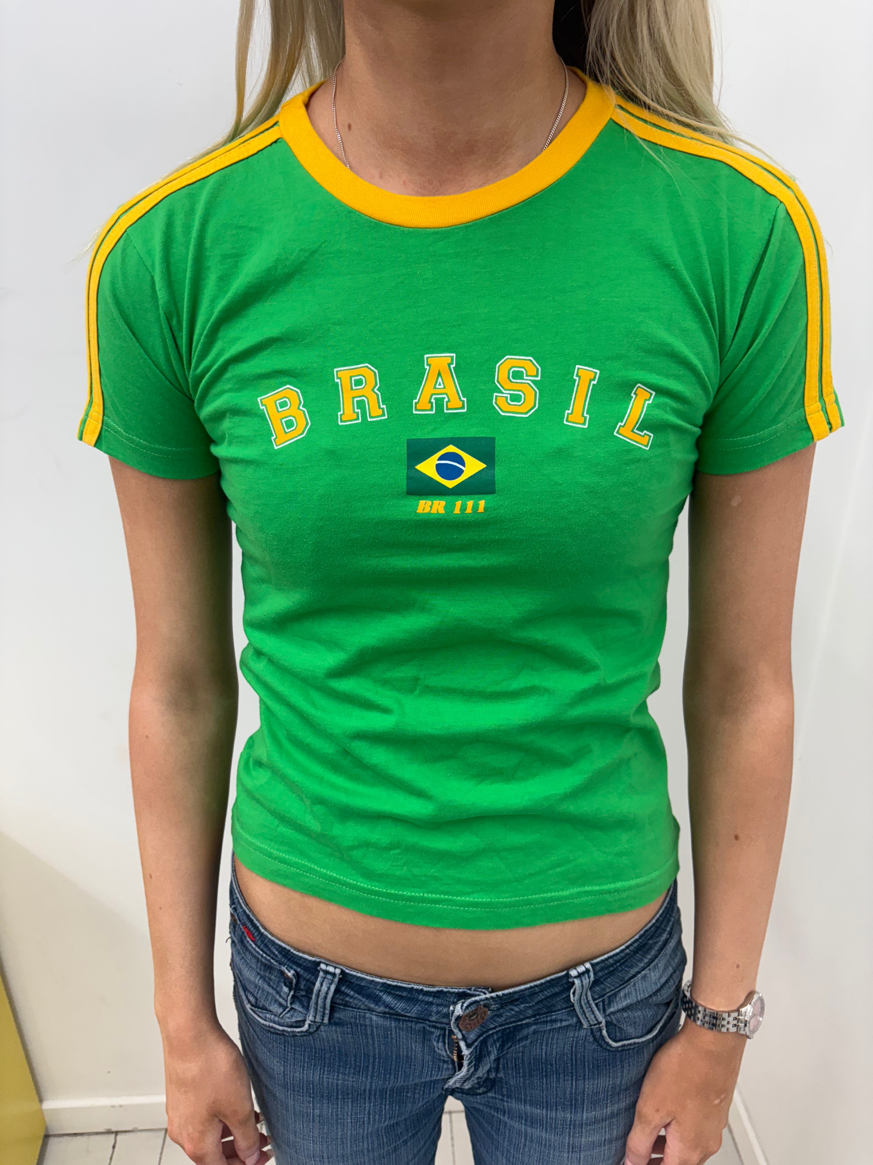 Green Brasil Ringer Baby Tee with Flag Graphic