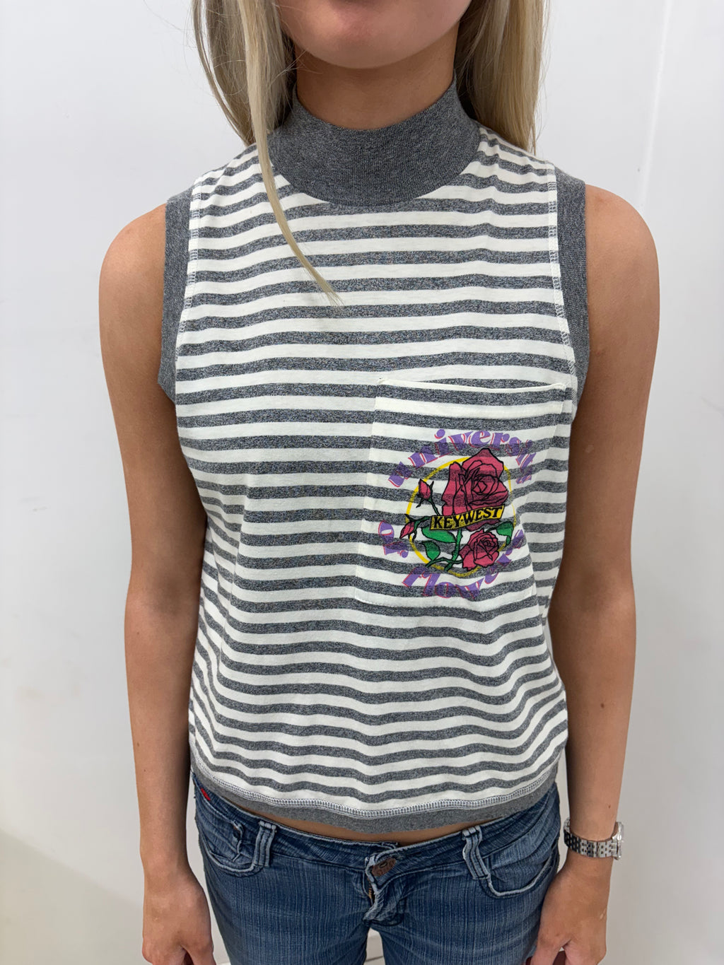 Grey Striped Sleeveless Turtleneck with Rose Graphic
