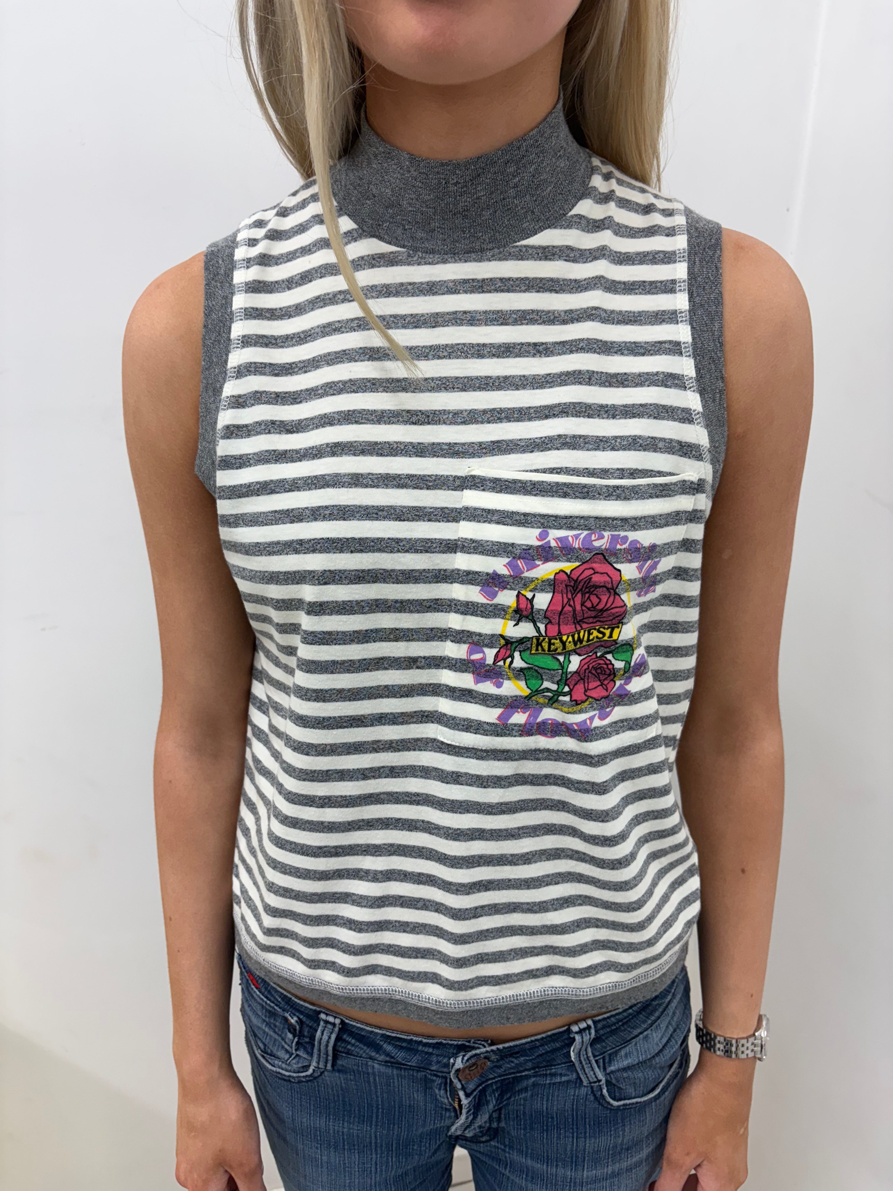 Grey Striped Sleeveless Turtleneck with Rose Graphic