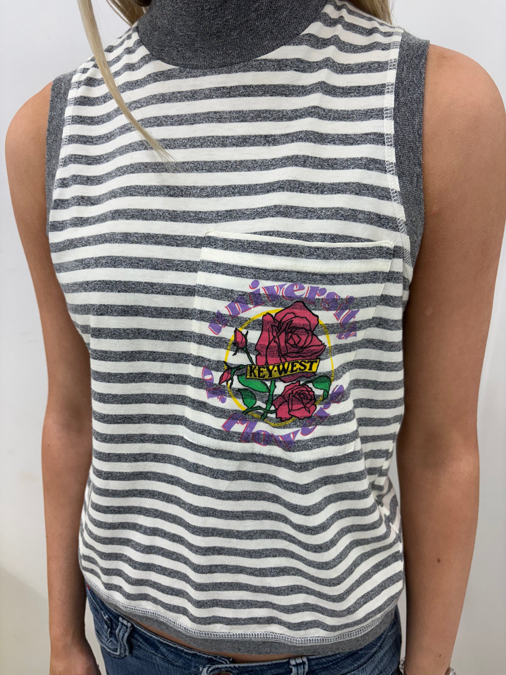 Grey Striped Sleeveless Turtleneck with Rose Graphic