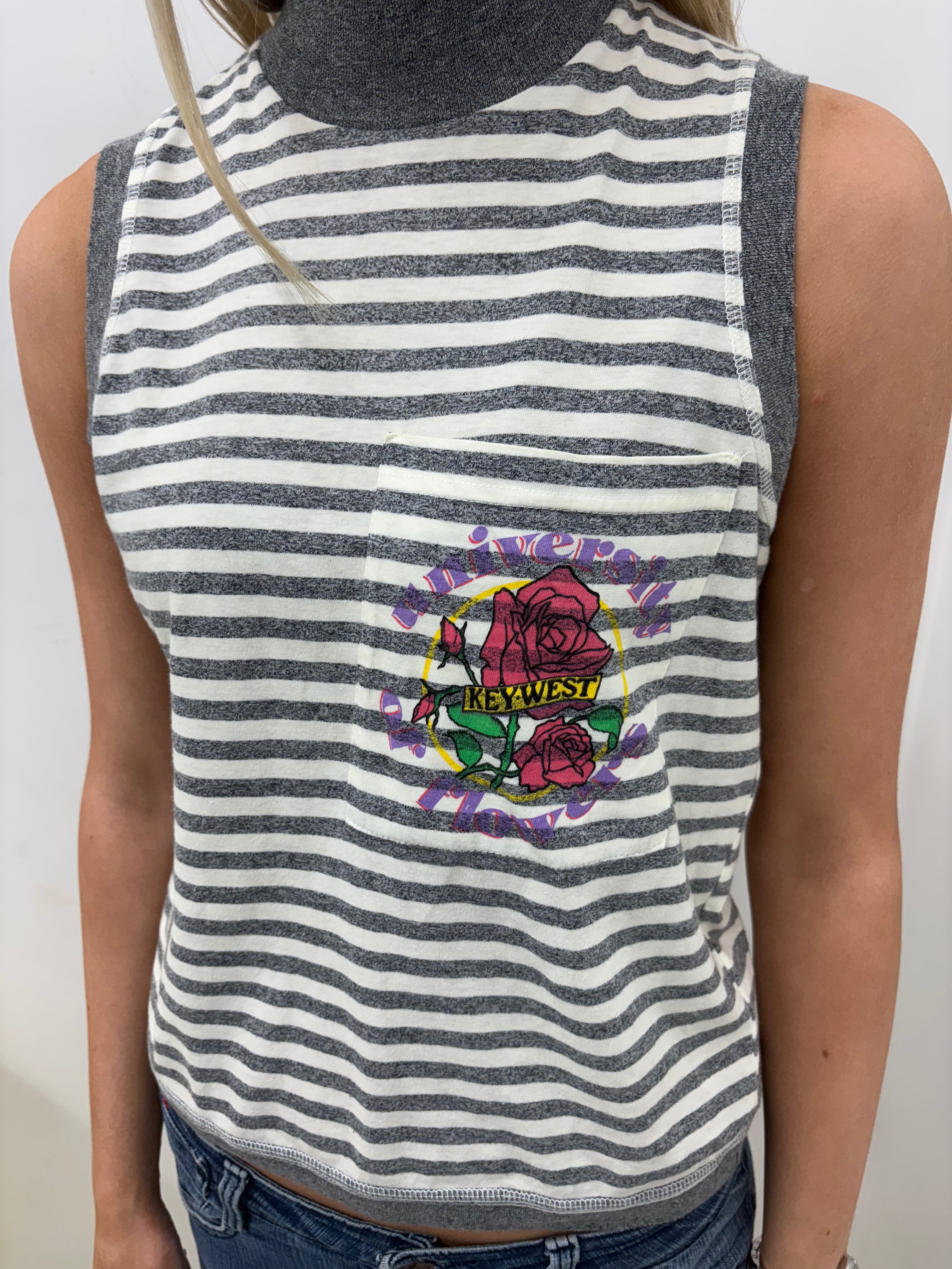 Grey Striped Sleeveless Turtleneck with Rose Graphic