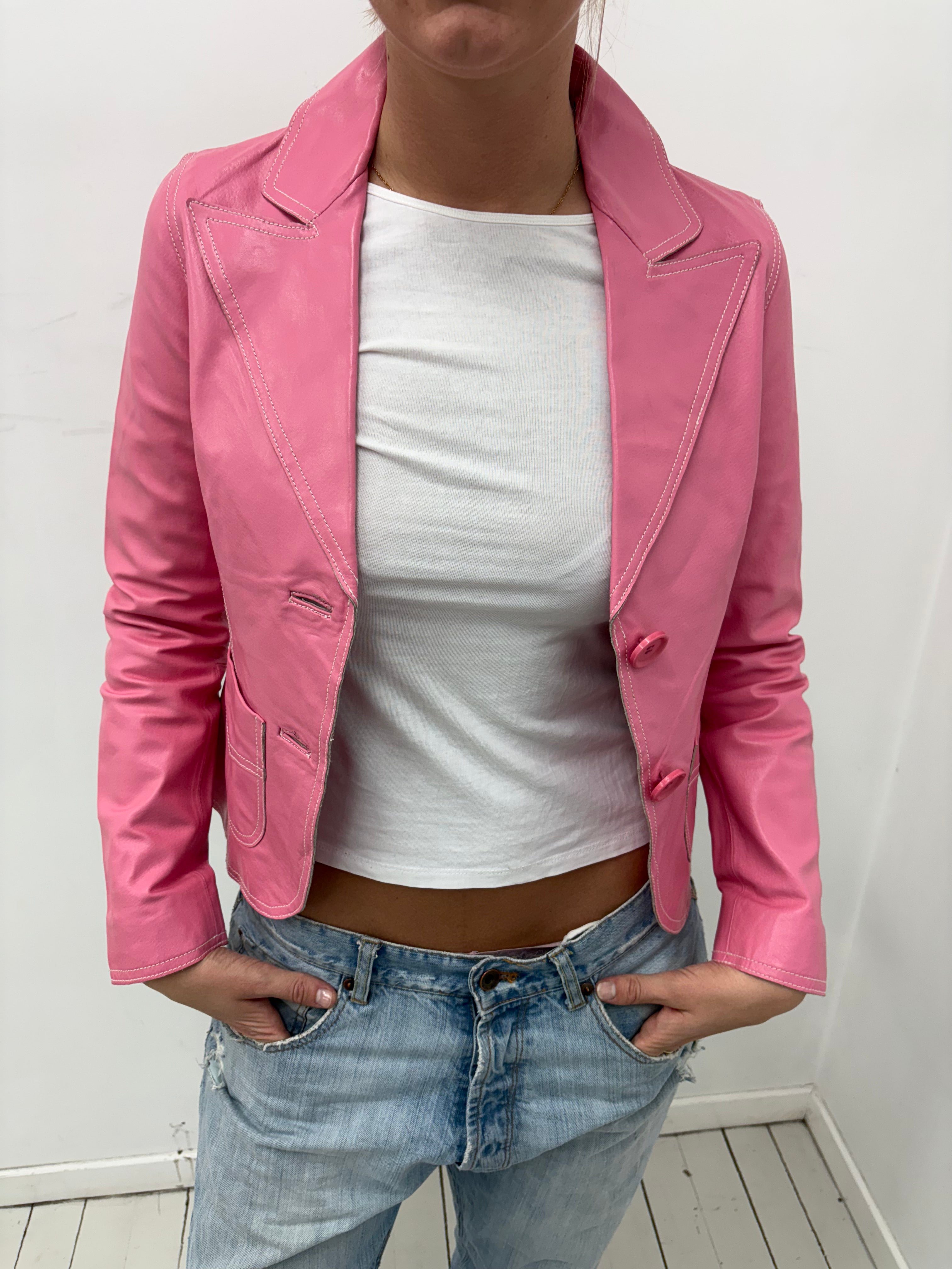 Pink Leather Y2K Blazer Jacket