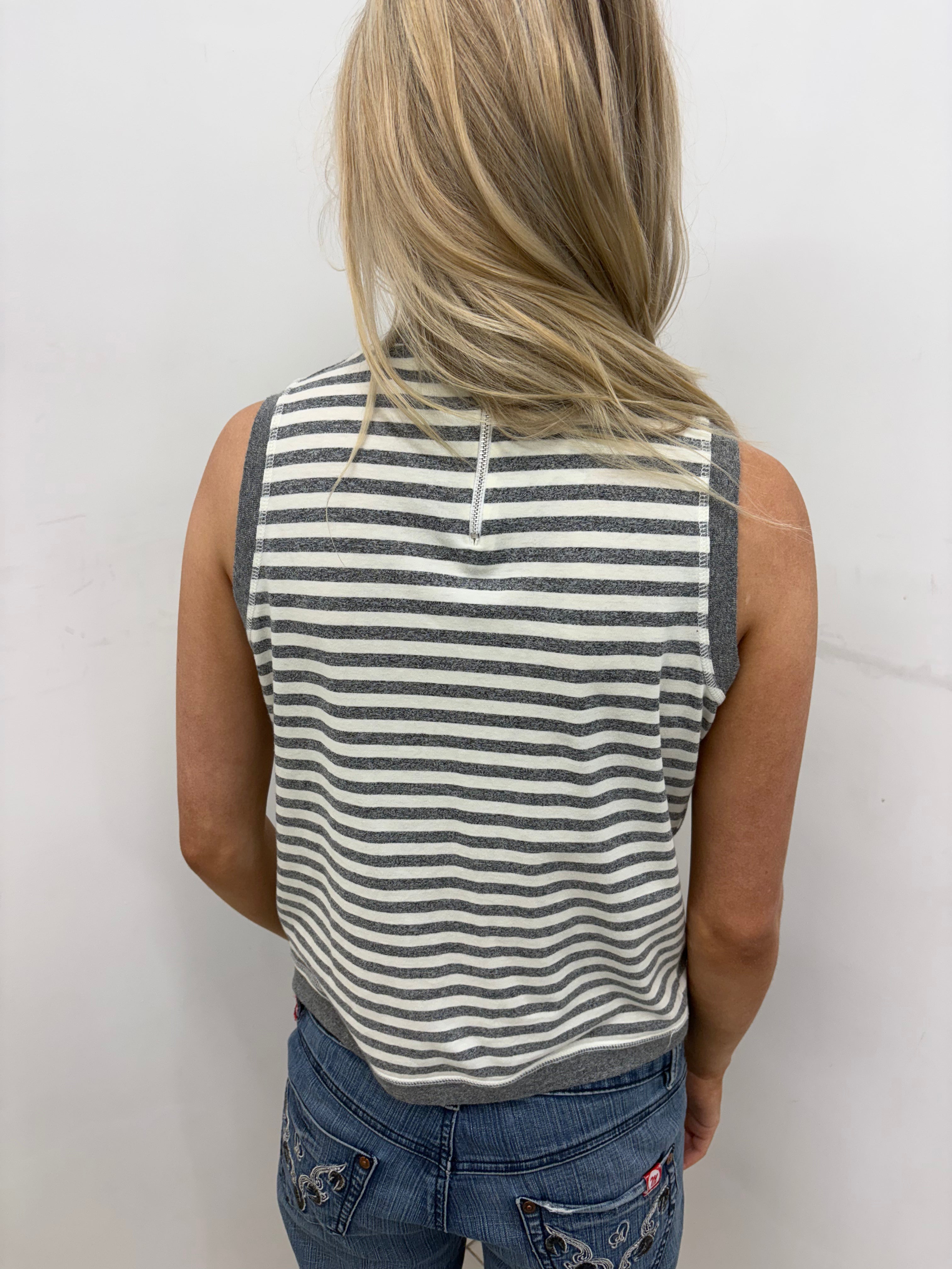 Grey Striped Sleeveless Turtleneck with Rose Graphic