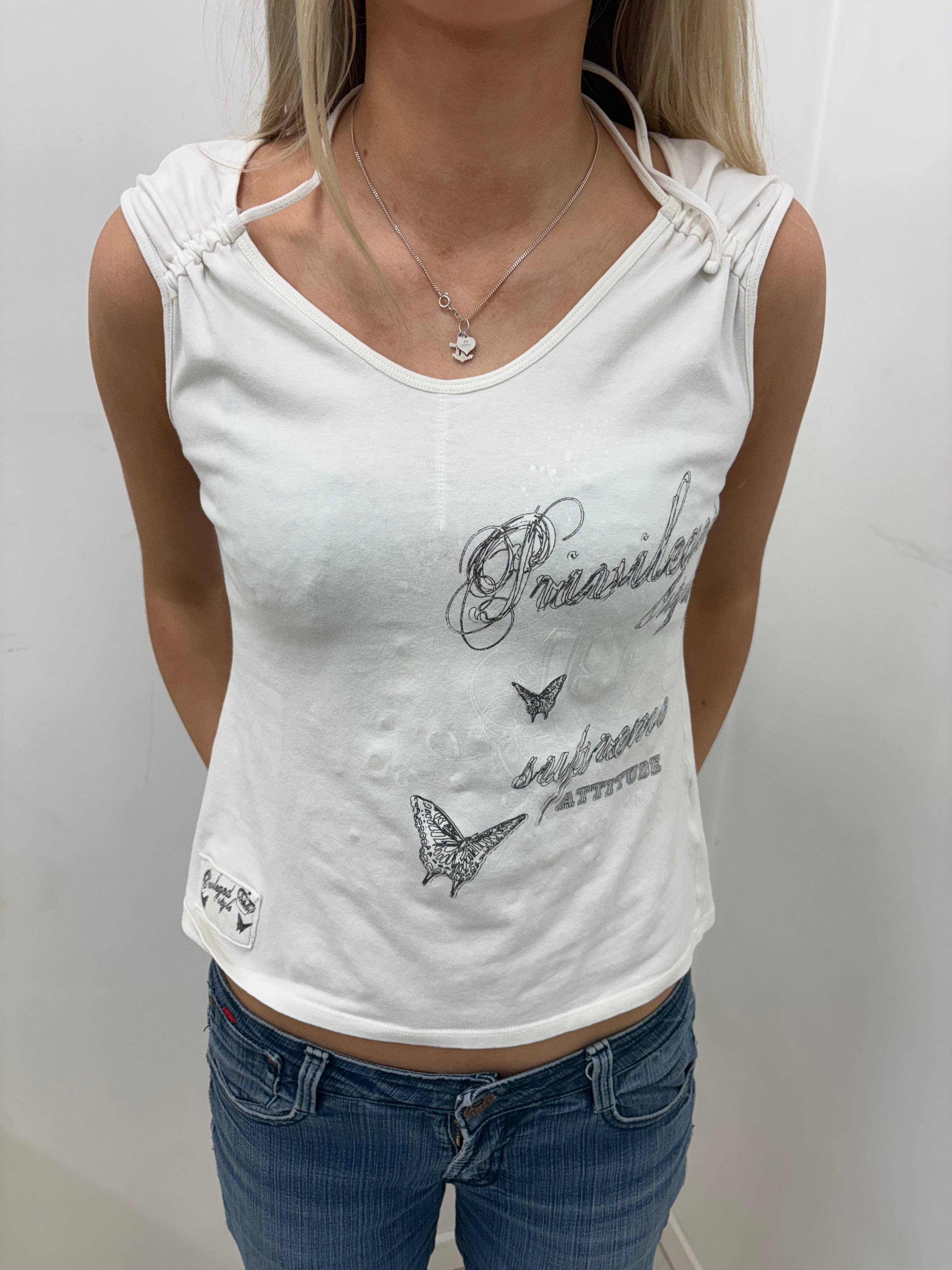 White Butterfly Script Graphic Top with Ruched Straps