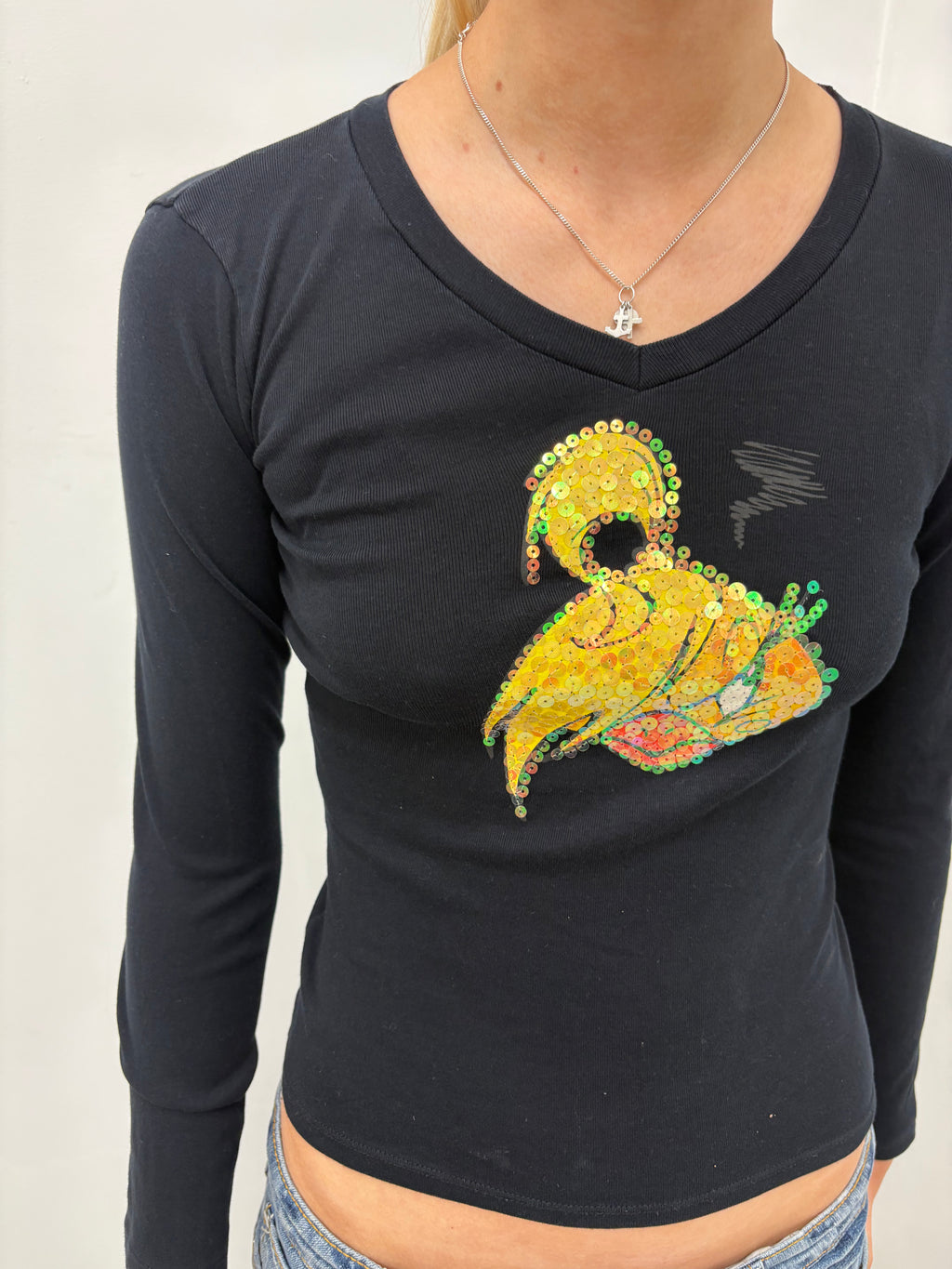 Black Sequin Parrot Long Sleeve Top