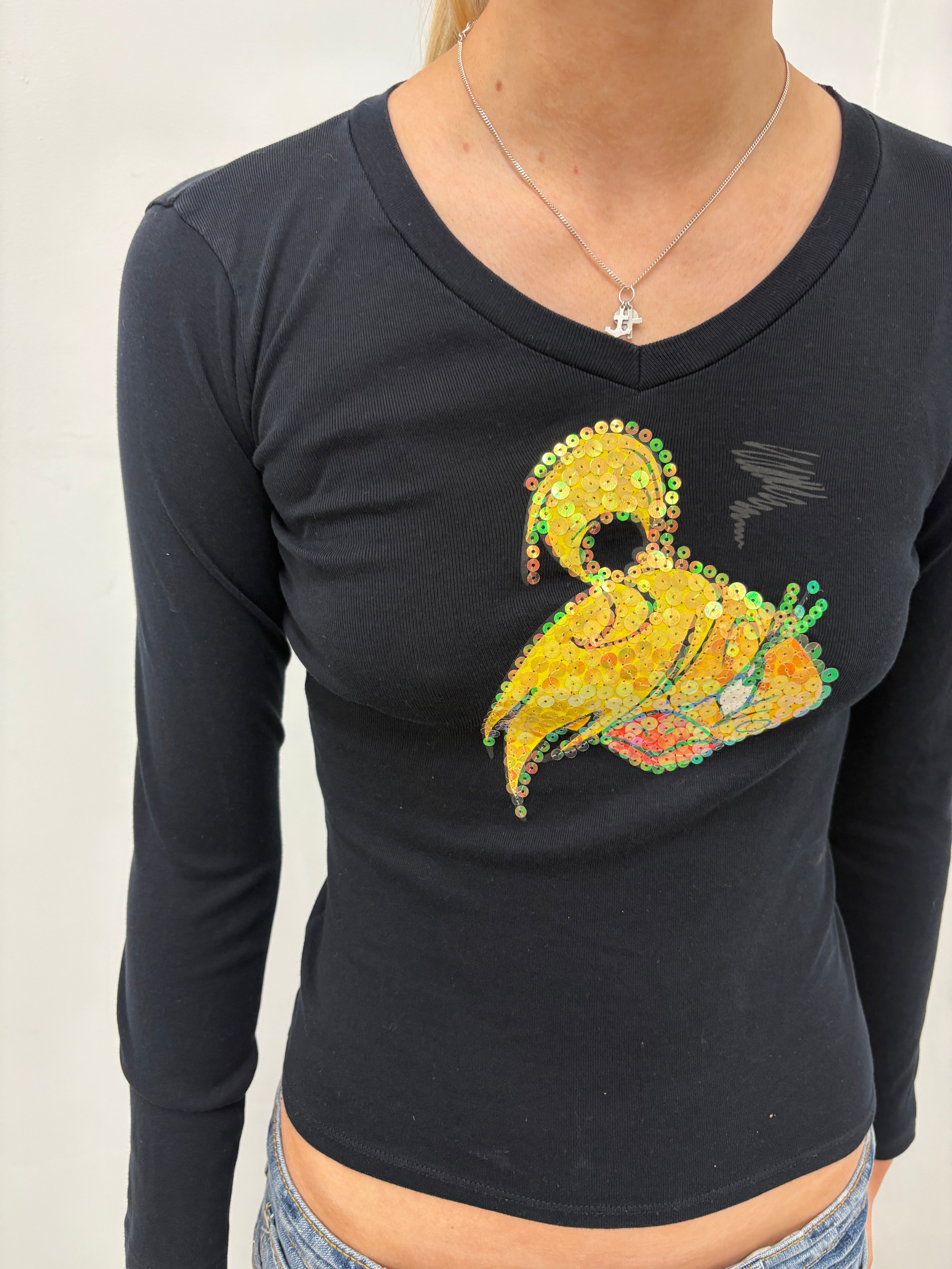 Black Sequin Parrot Long Sleeve Top