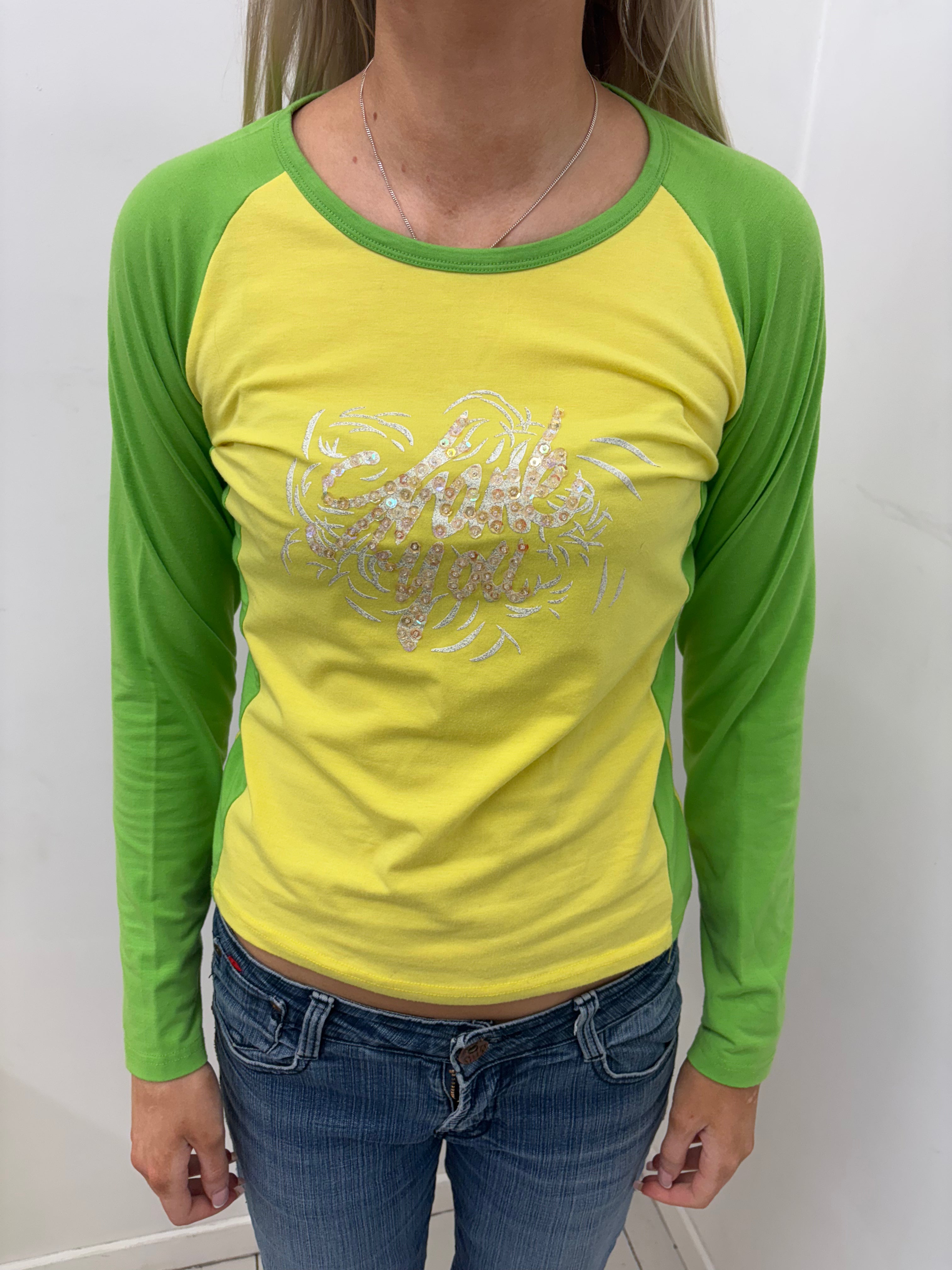 Yellow & Green Raglan Top with Sequin Script Graphic