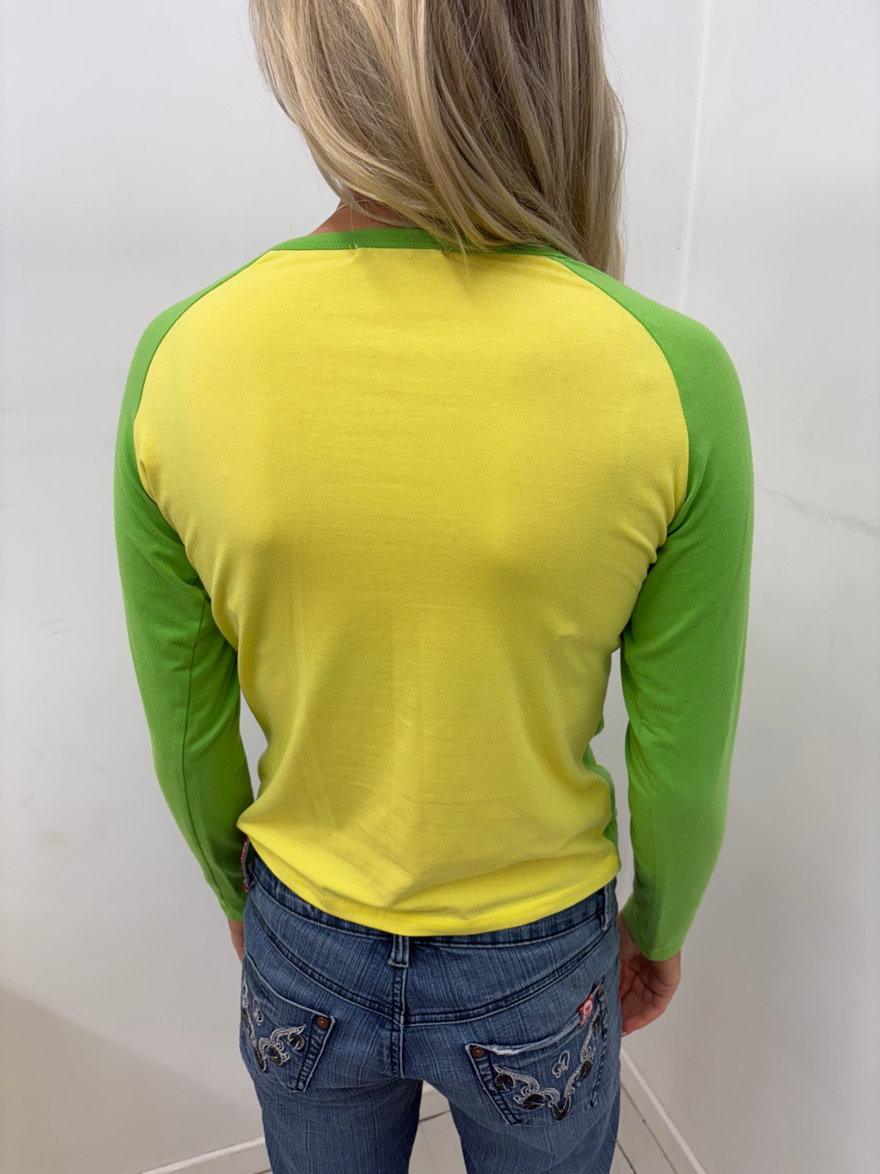 Yellow & Green Raglan Top with Sequin Script Graphic