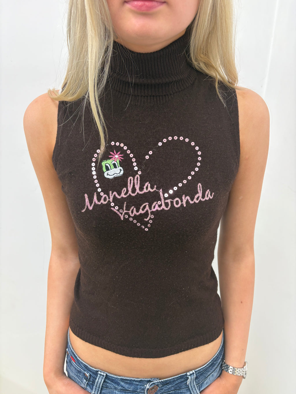Monella Vagabonda Brown Knit Turtleneck Sleeveless Top