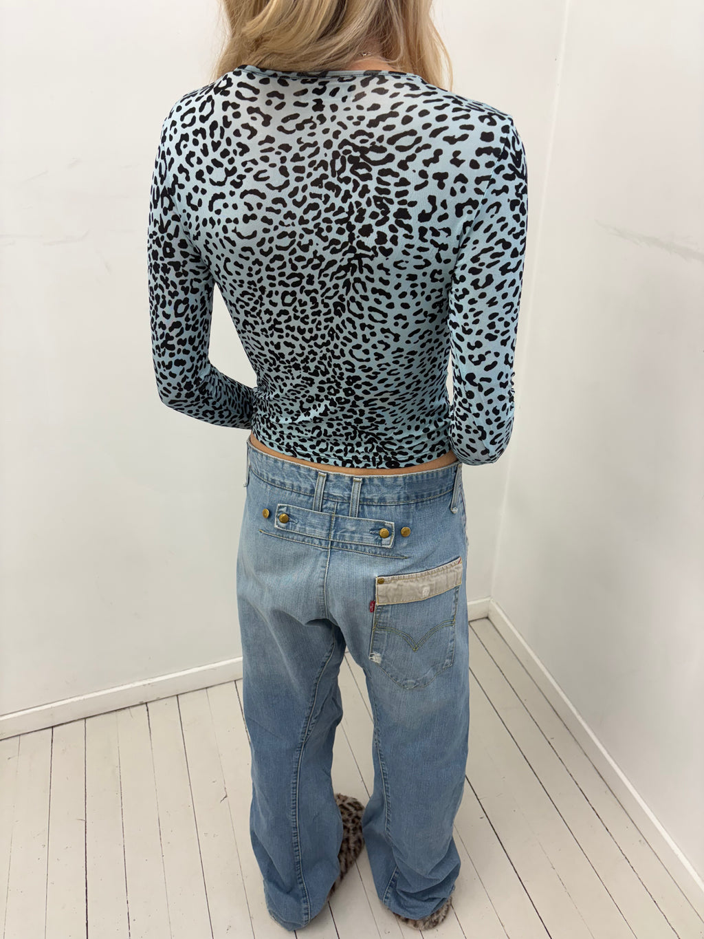 Blue Leopard Print Y2K Long Sleeve Top