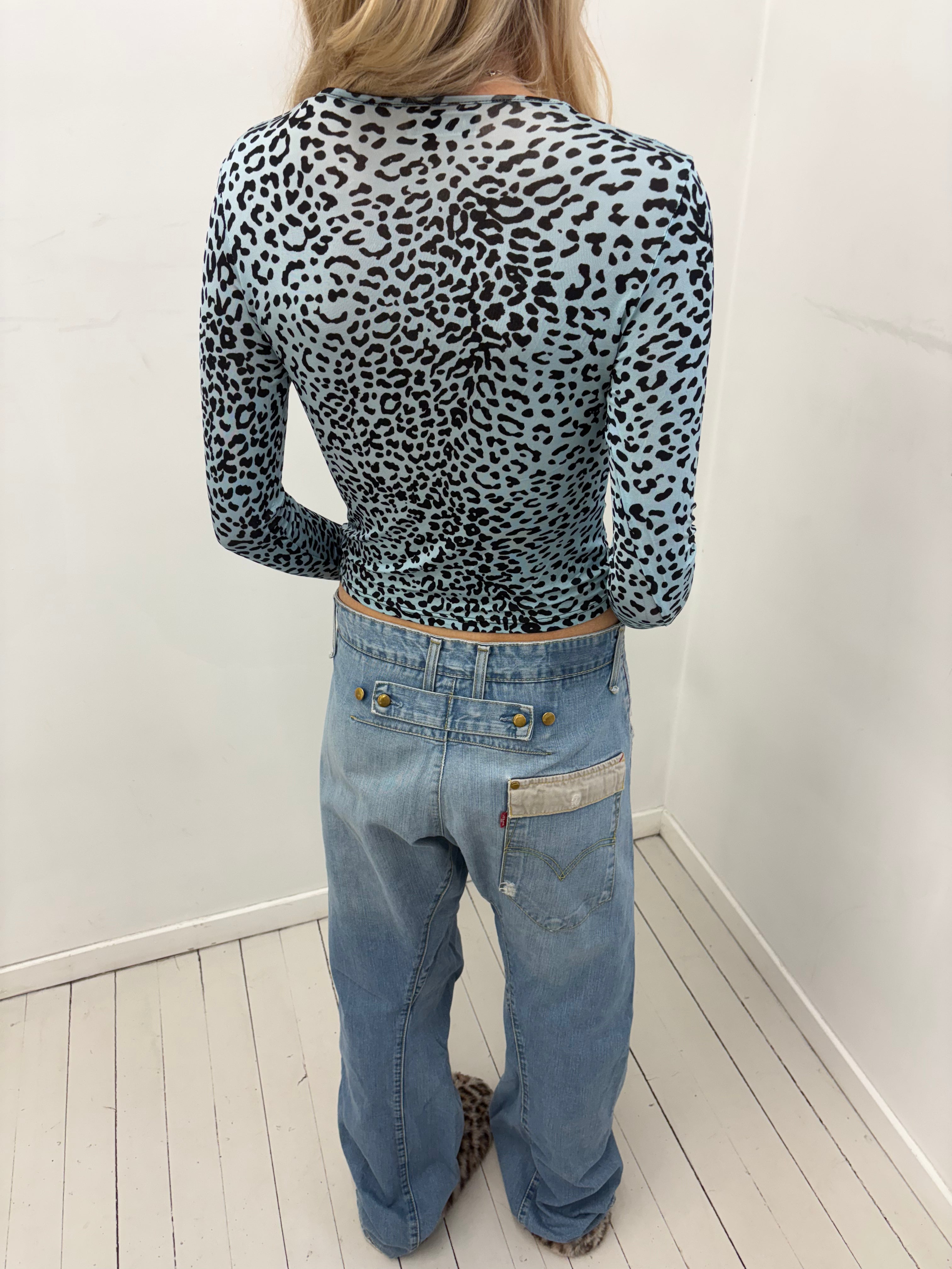 Blue Leopard Print Y2K Long Sleeve Top