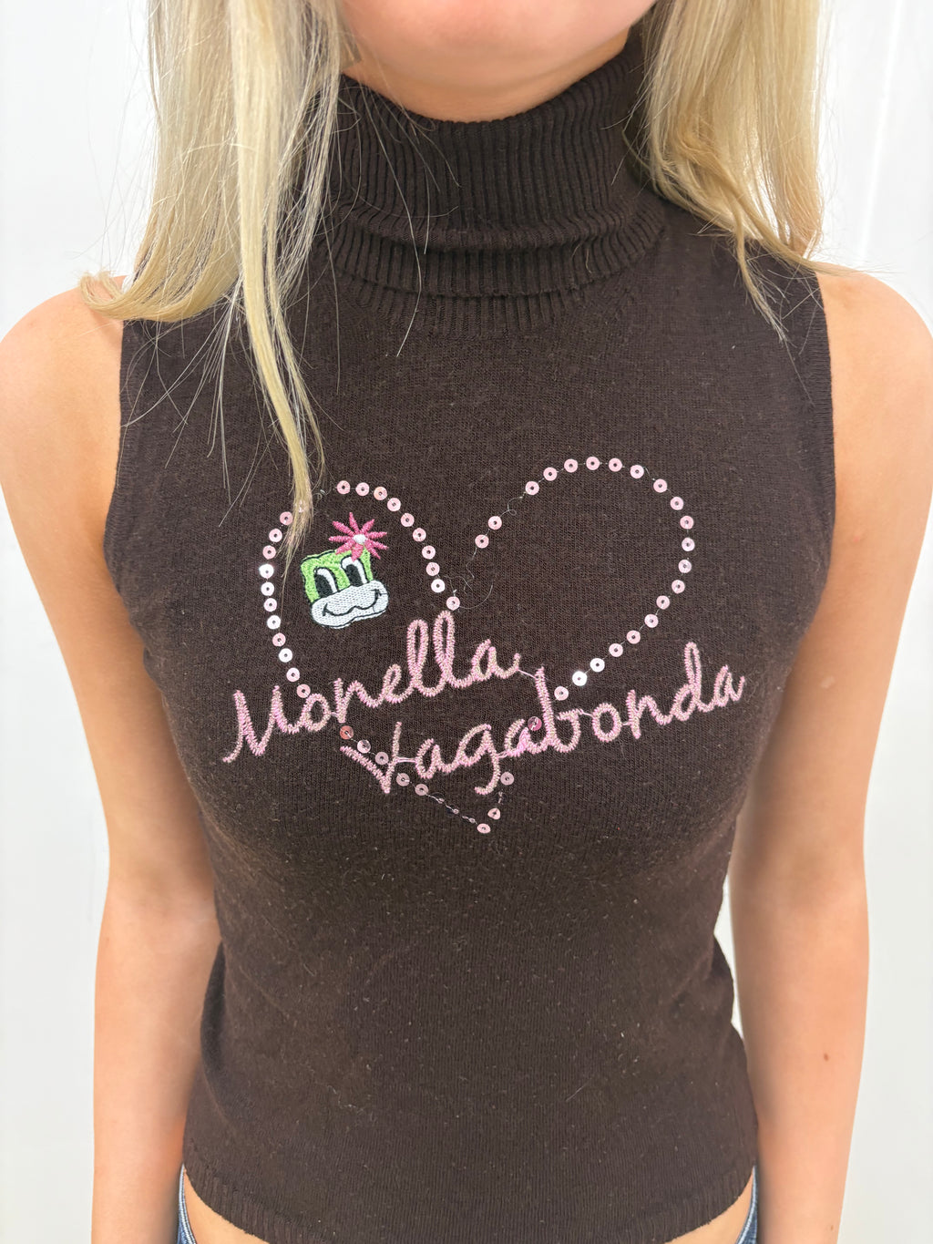 Monella Vagabonda Brown Knit Turtleneck Sleeveless Top