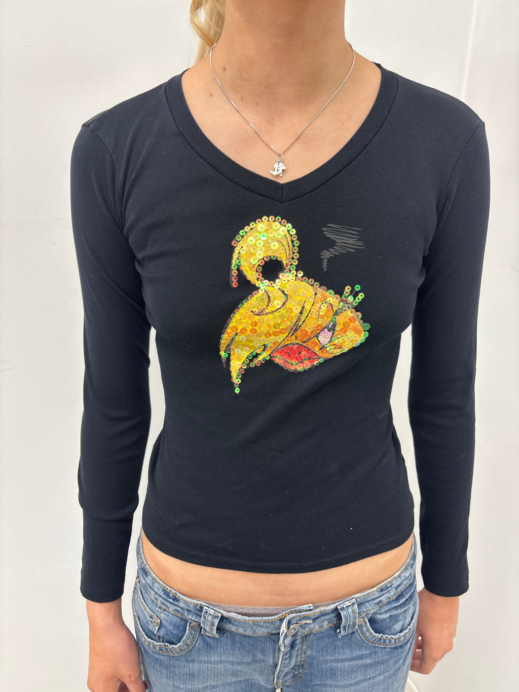 Black Sequin Parrot Long Sleeve Top