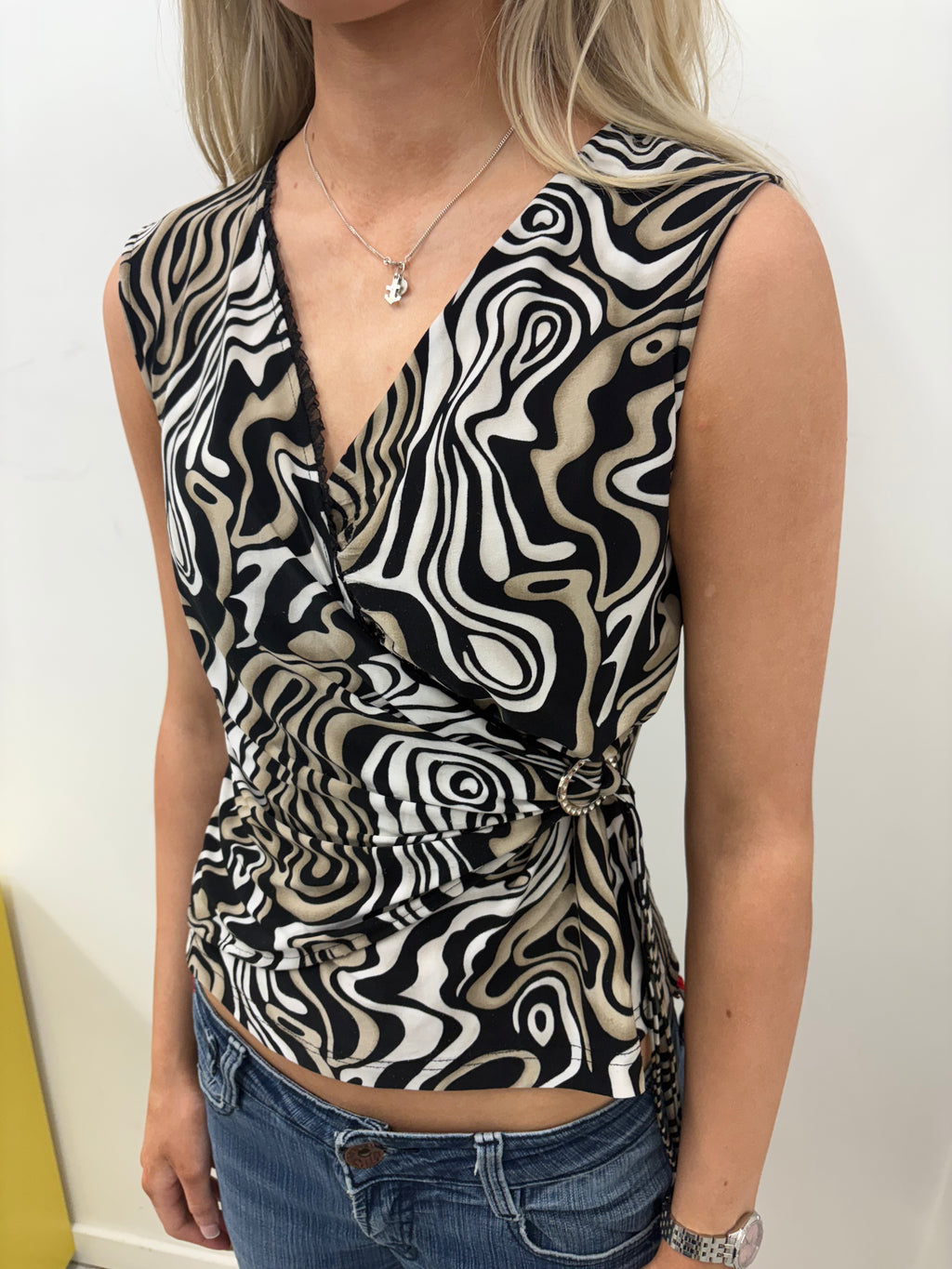 Abstract Swirl Print Wrap Top in Black and Tan