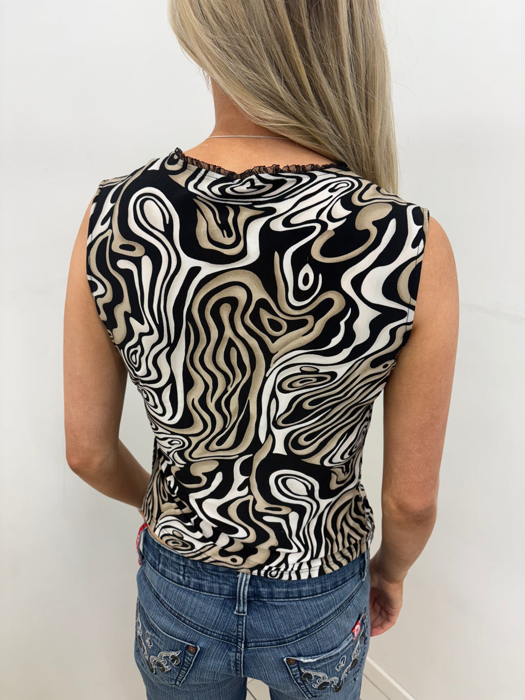 Abstract Swirl Print Wrap Top in Black and Tan