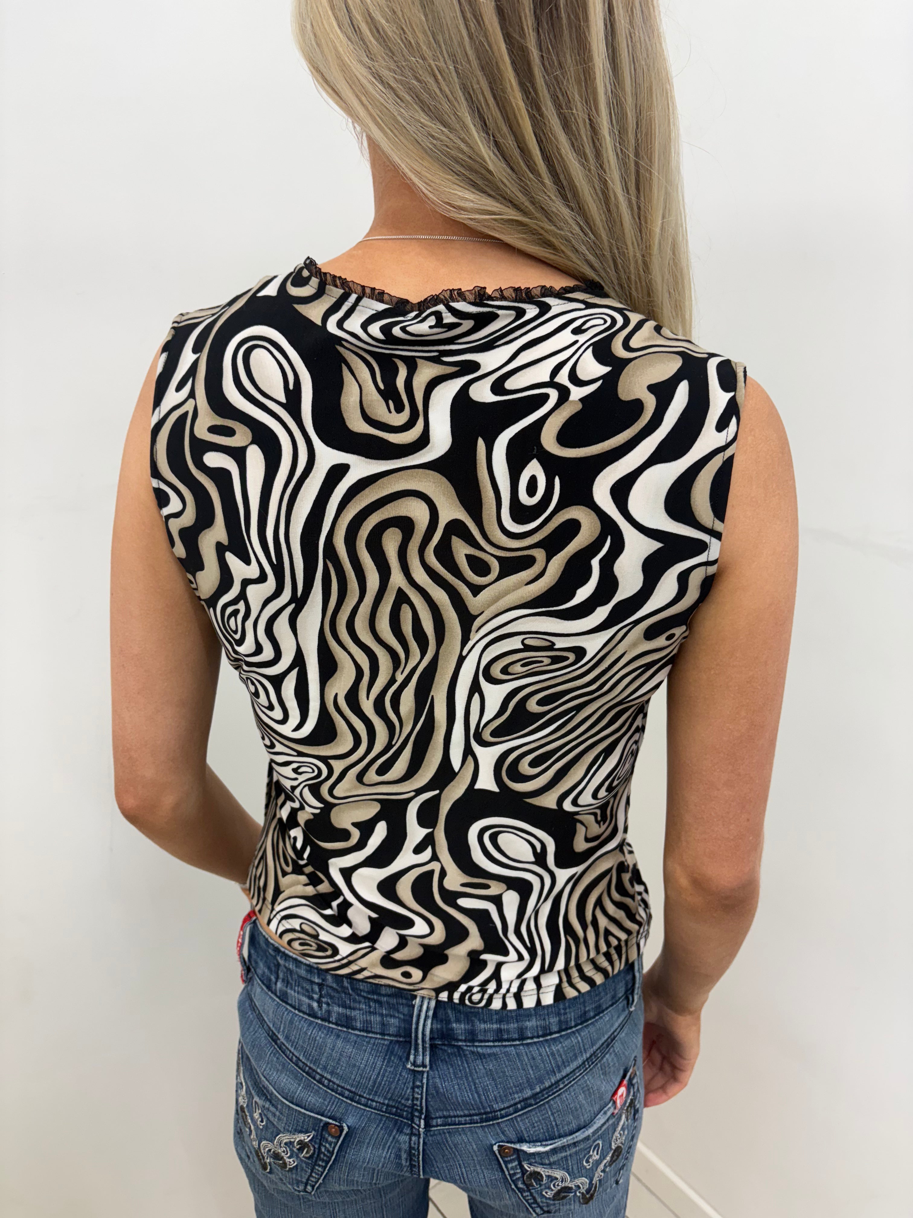 Abstract Swirl Print Wrap Top in Black and Tan