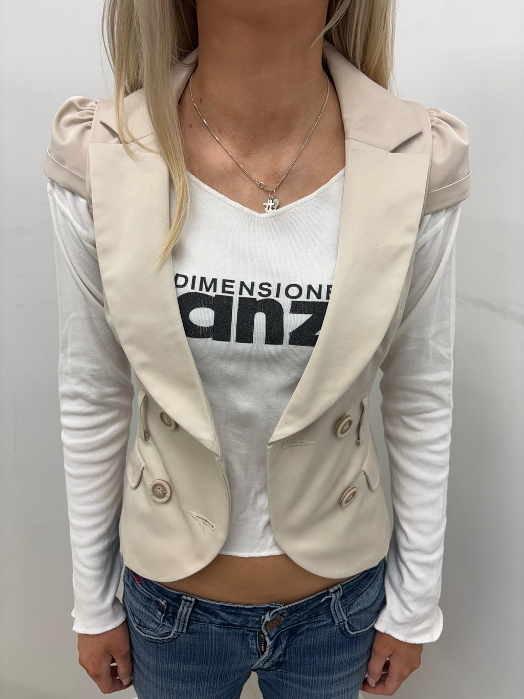 Cream Cropped Blazer with Puffed Shoulder Detail