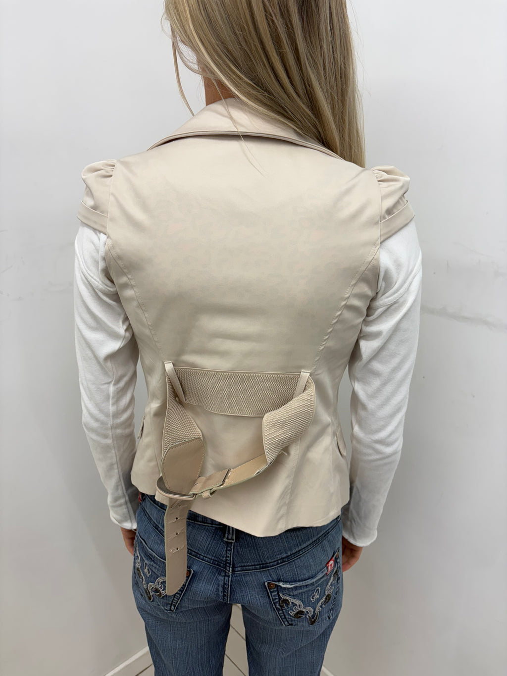 Cream Cropped Blazer with Puffed Shoulder Detail