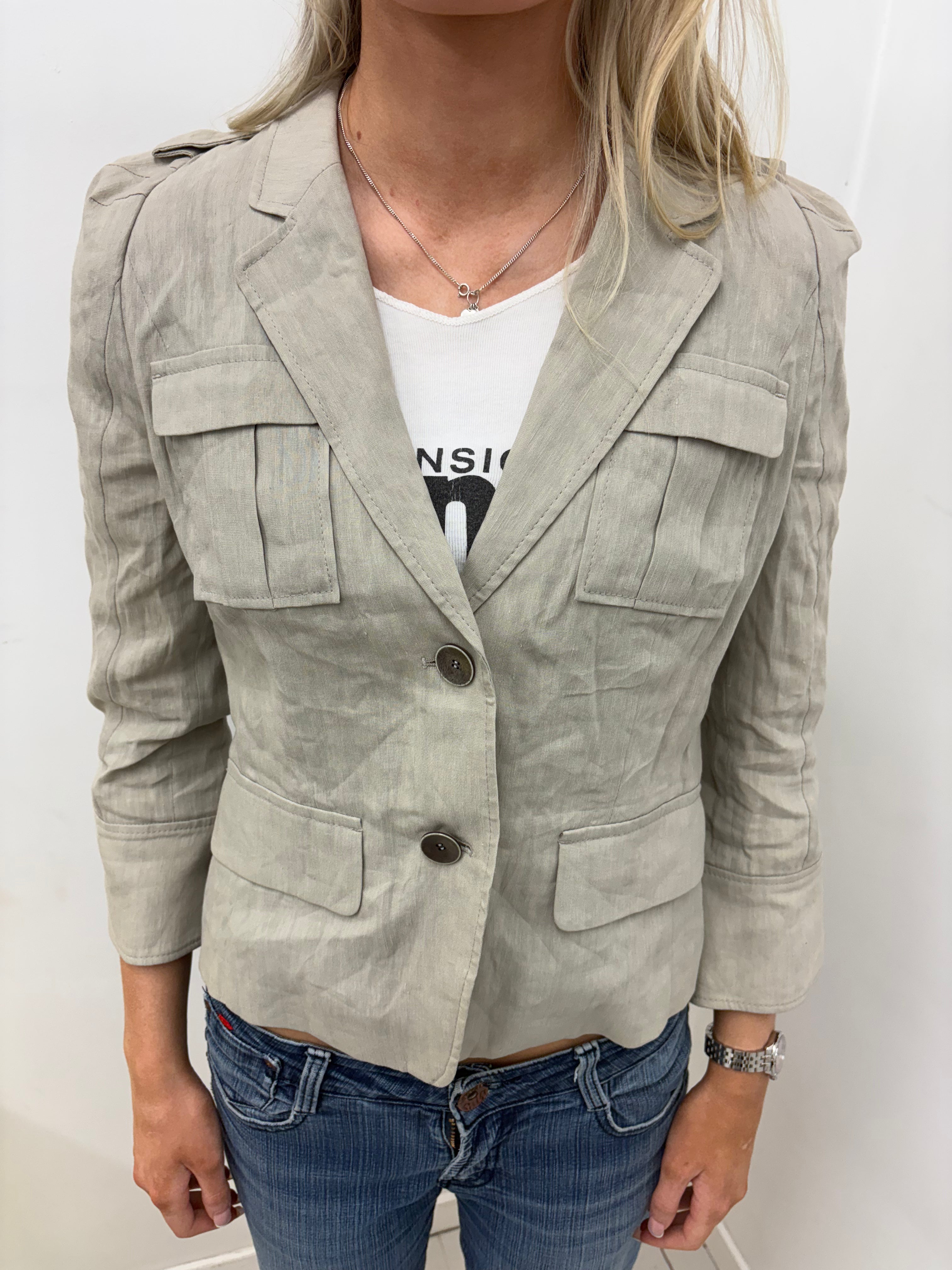Beige Linen Safari Blazer with Flap Pockets