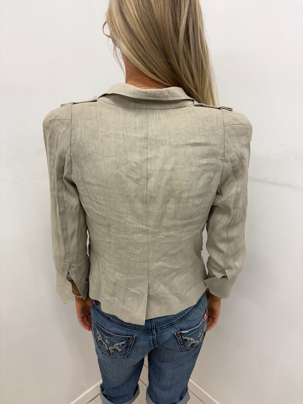 Beige Linen Safari Blazer with Flap Pockets