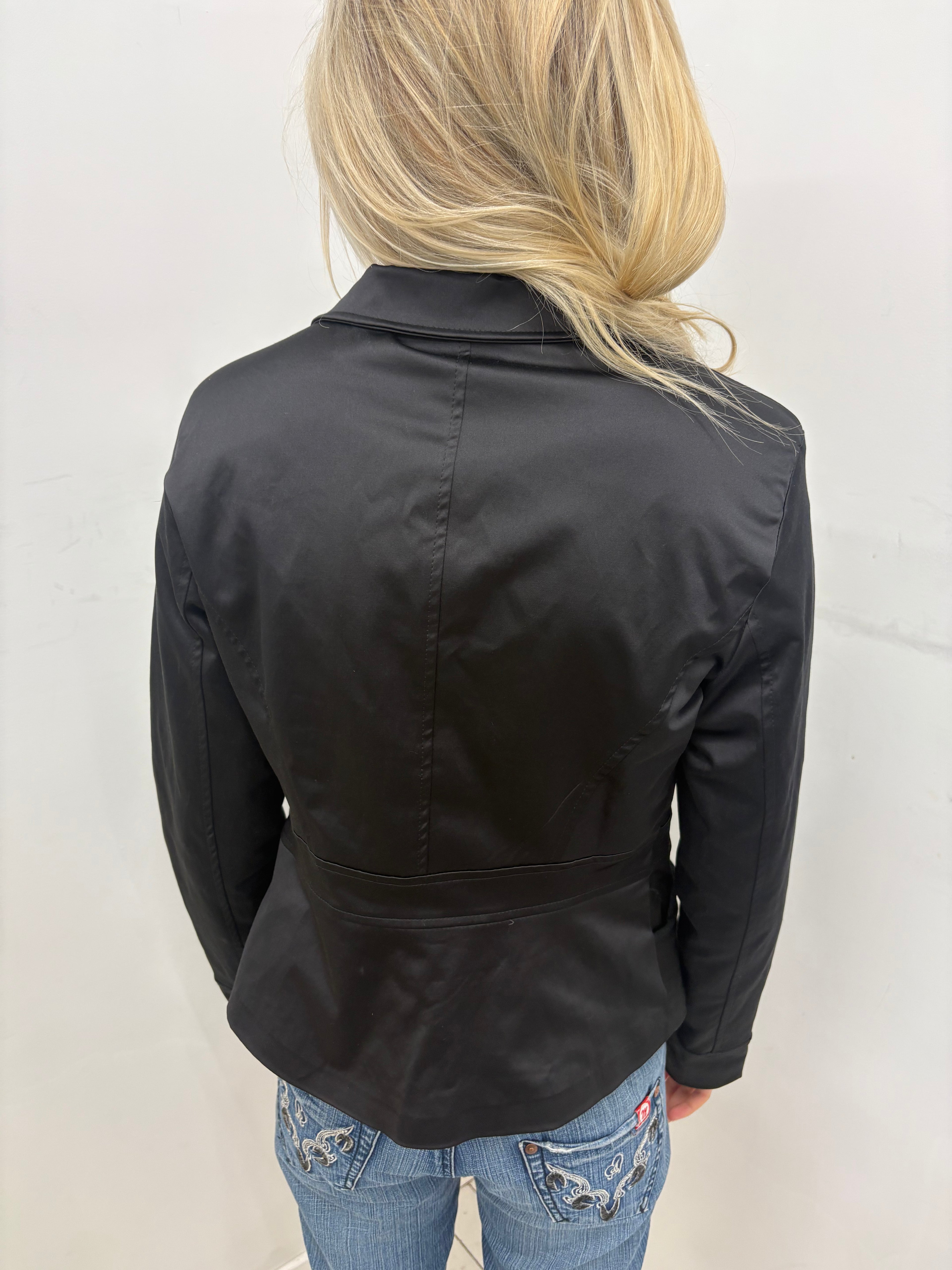 Black Satin Blazer with Gold Button Detail