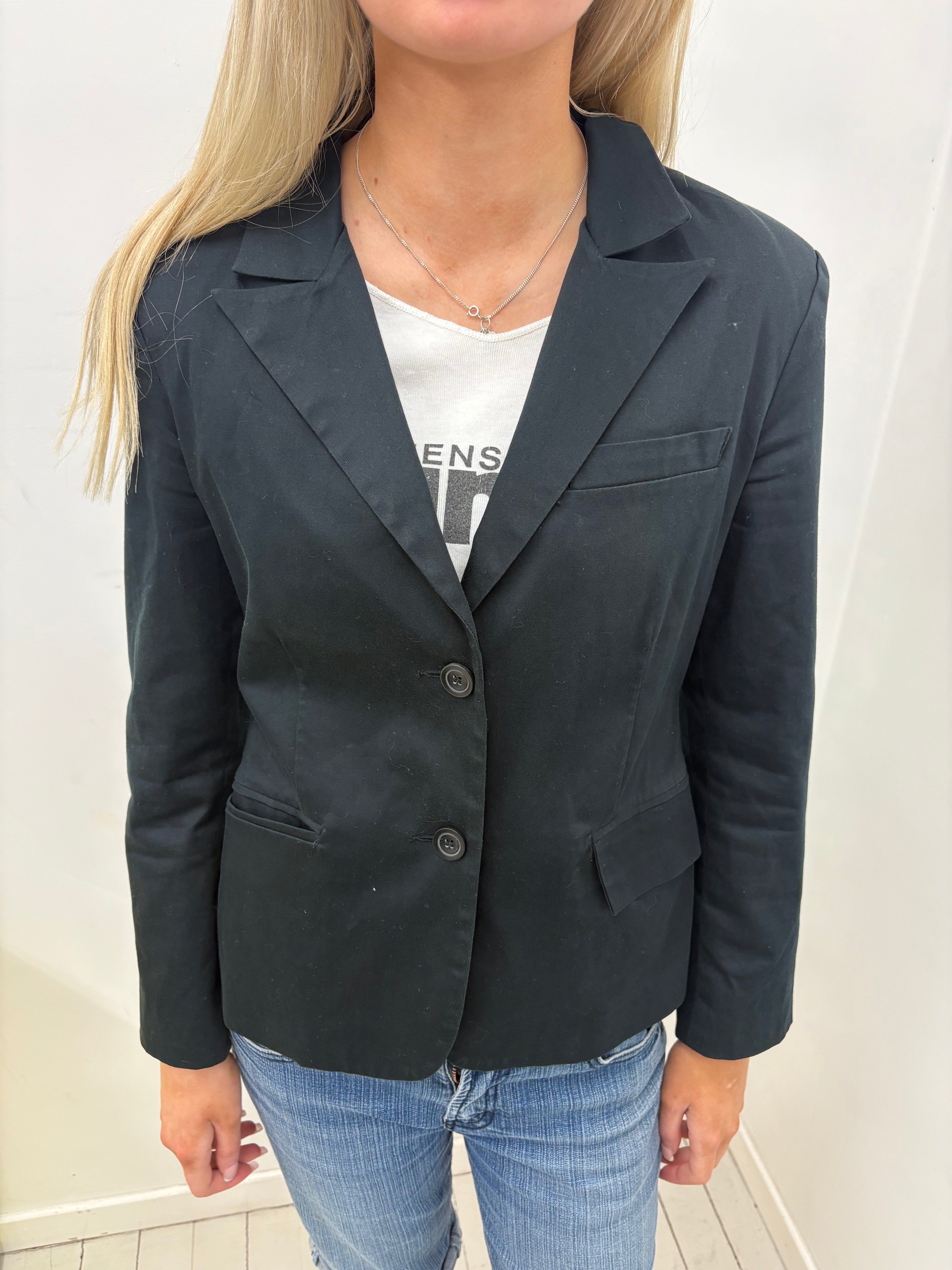 Black Tailored Two-Button Blazer with Flap Pockets