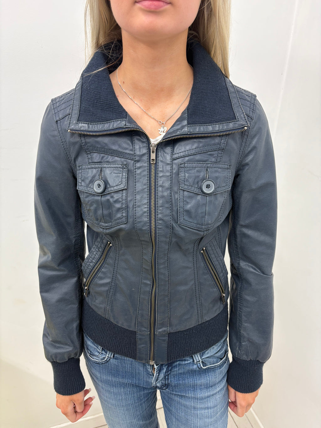 Navy Faux Leather Bomber Jacket with Ribbed Trim