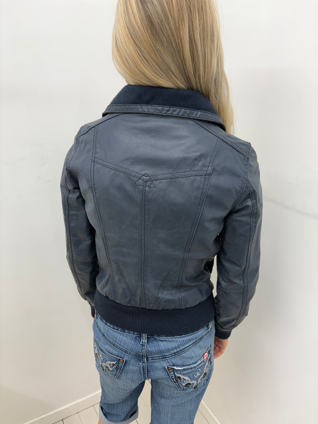 Navy Faux Leather Bomber Jacket with Ribbed Trim