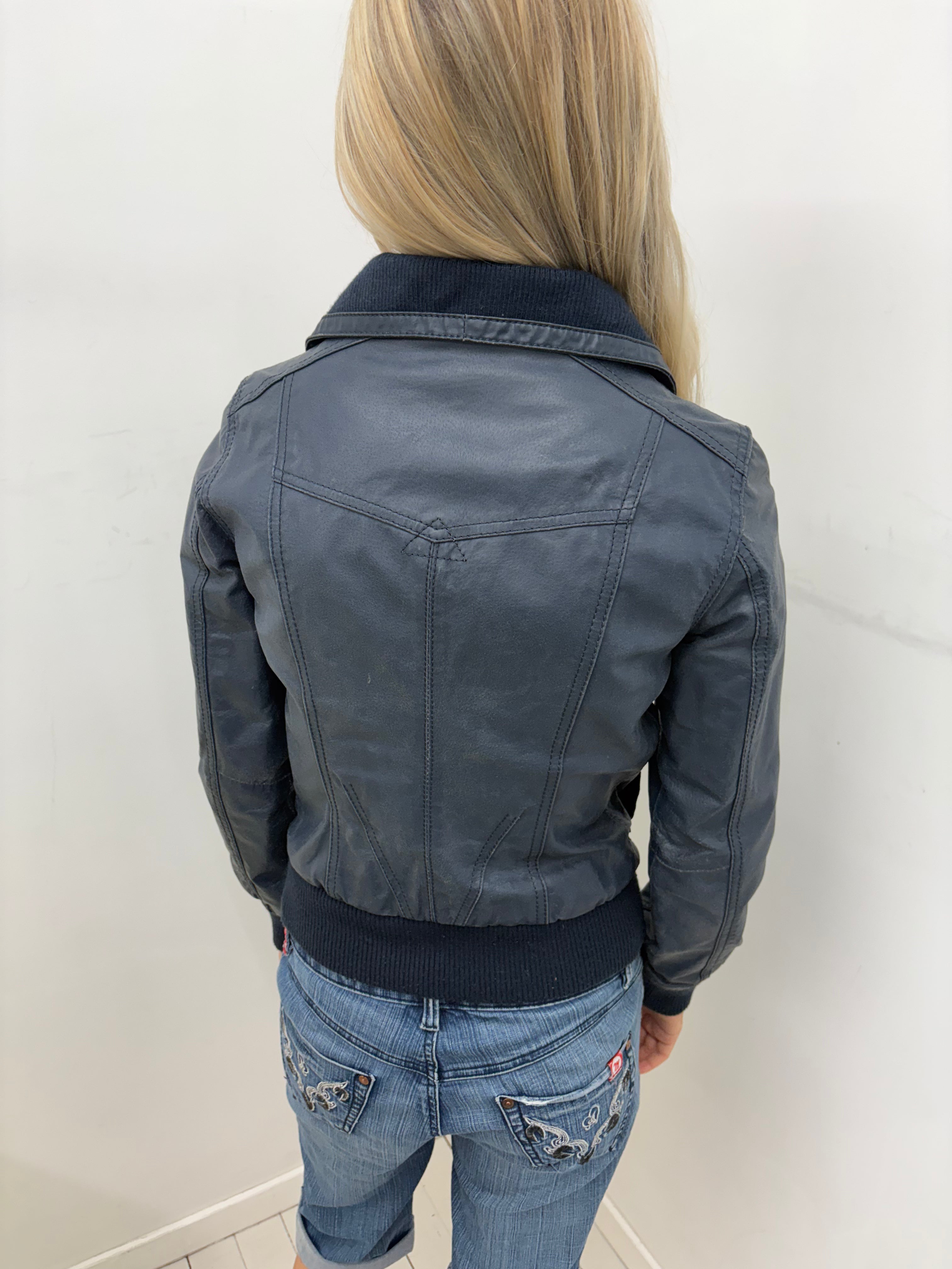Navy Faux Leather Bomber Jacket with Ribbed Trim