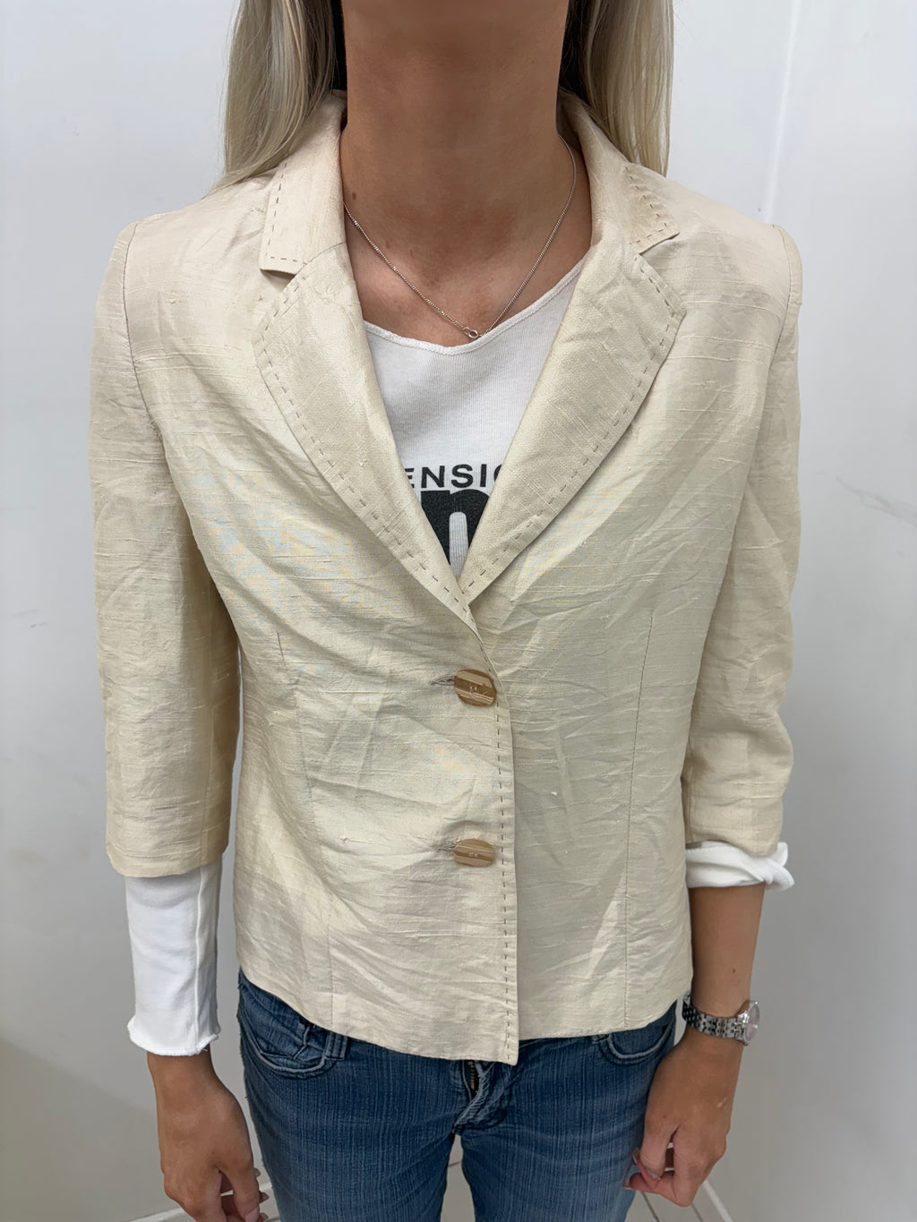Cream Silk-Blend Blazer with Striped Buttons