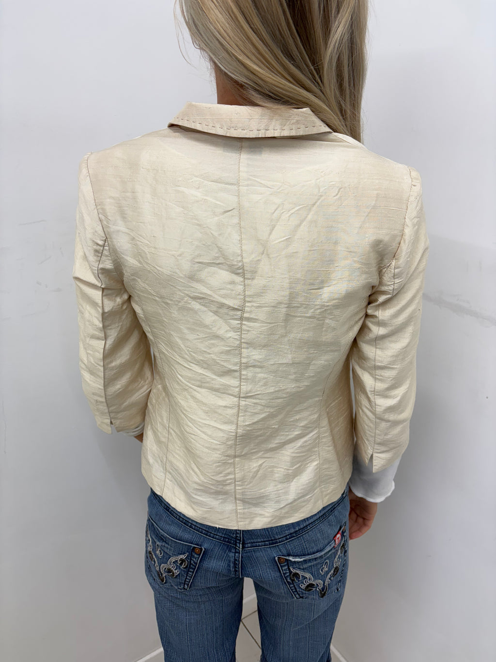 Cream Silk-Blend Blazer with Striped Buttons