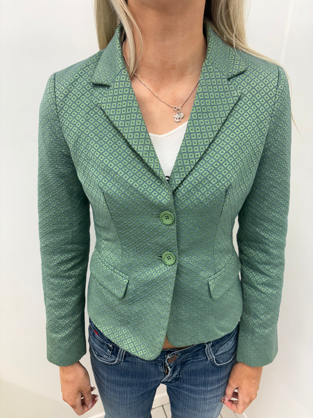 Denny Rose Green Diamond-Print Textured Blazer