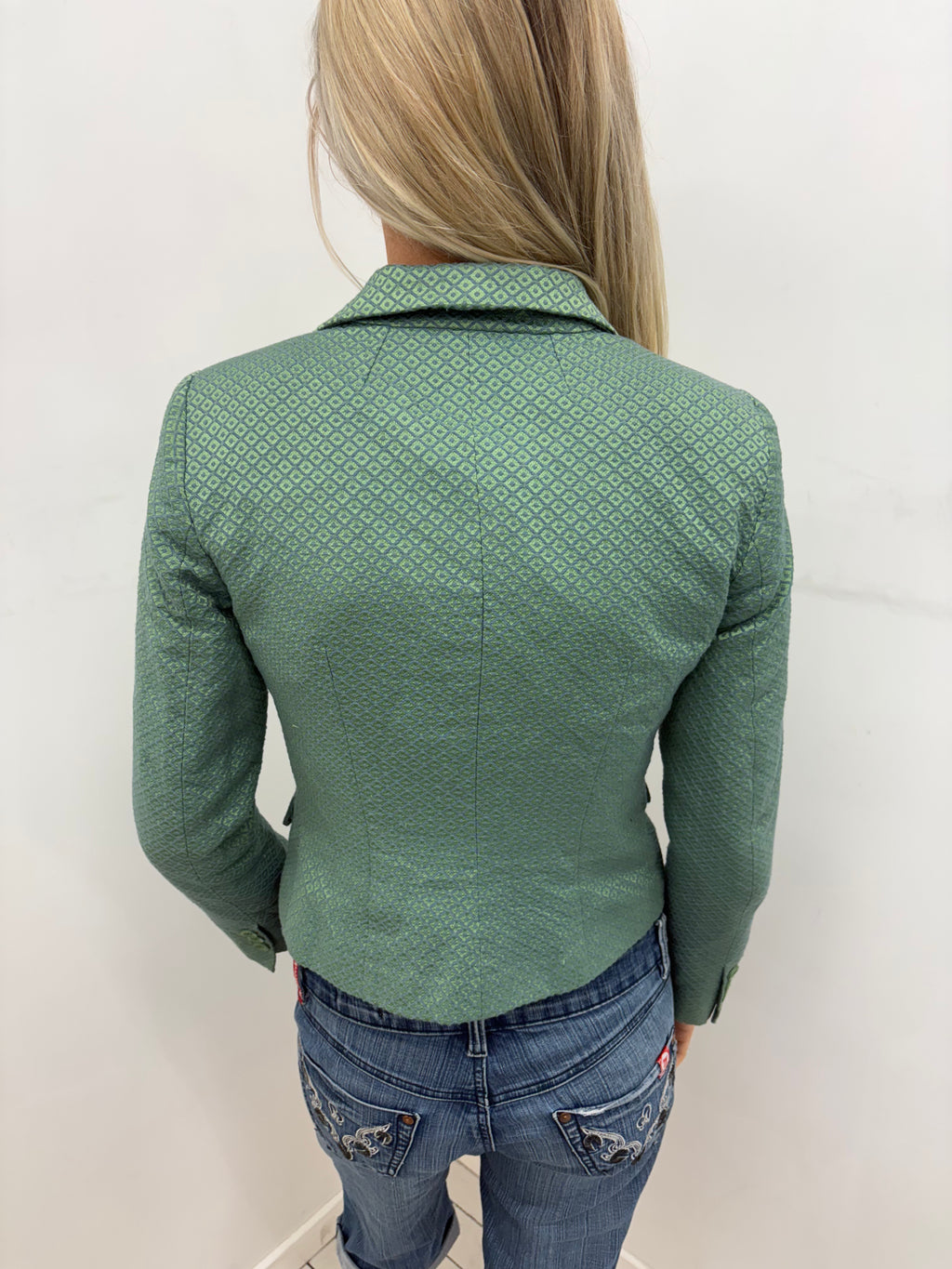 Denny Rose Green Diamond-Print Textured Blazer