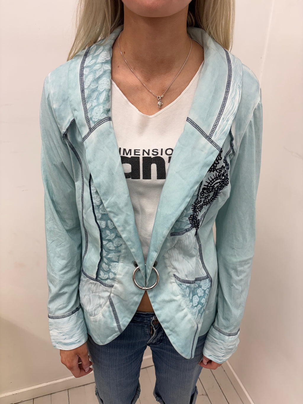 Pale Blue Floral Patchwork Jacket with Ring Closure