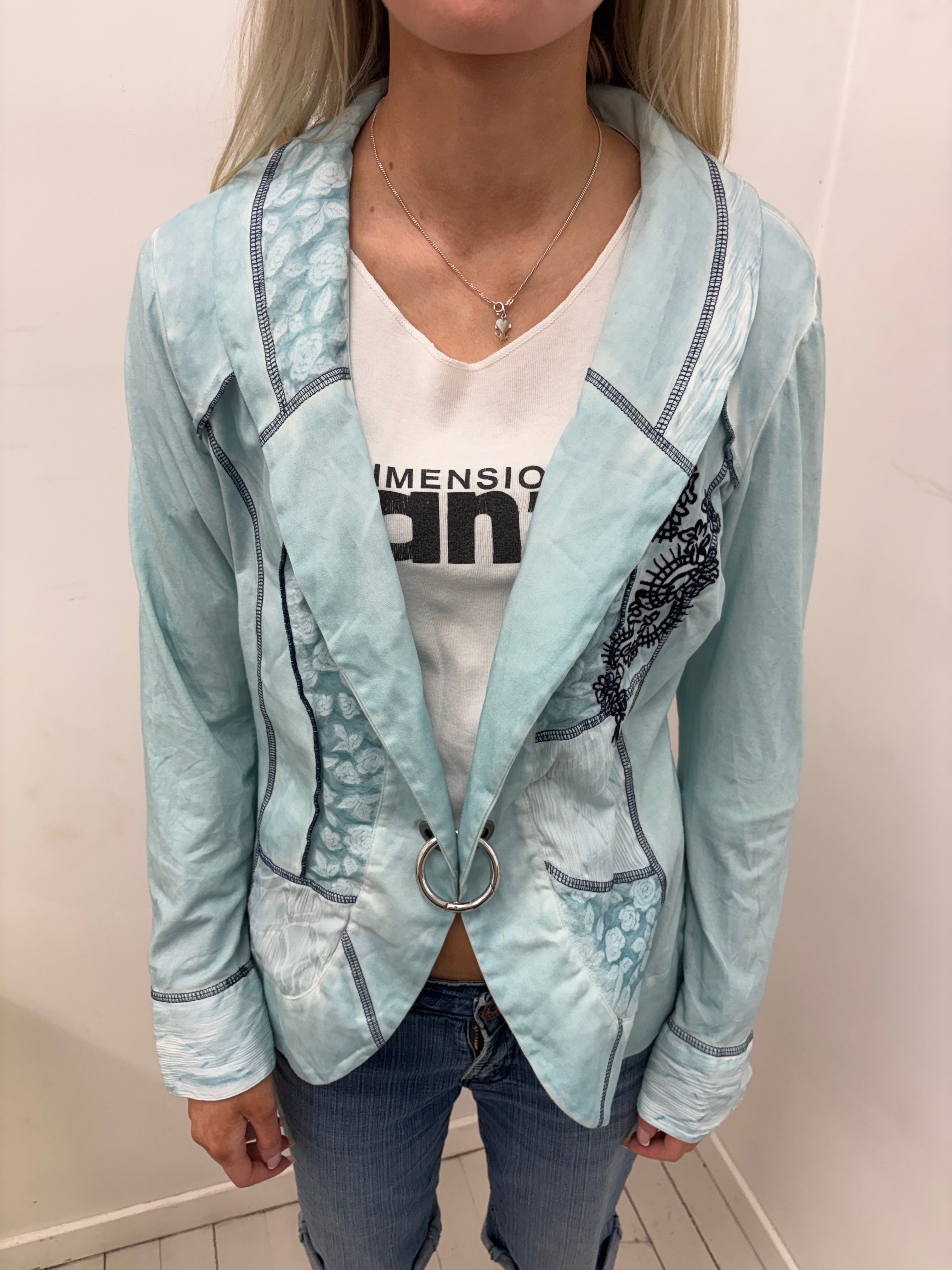 Pale Blue Floral Patchwork Jacket with Ring Closure