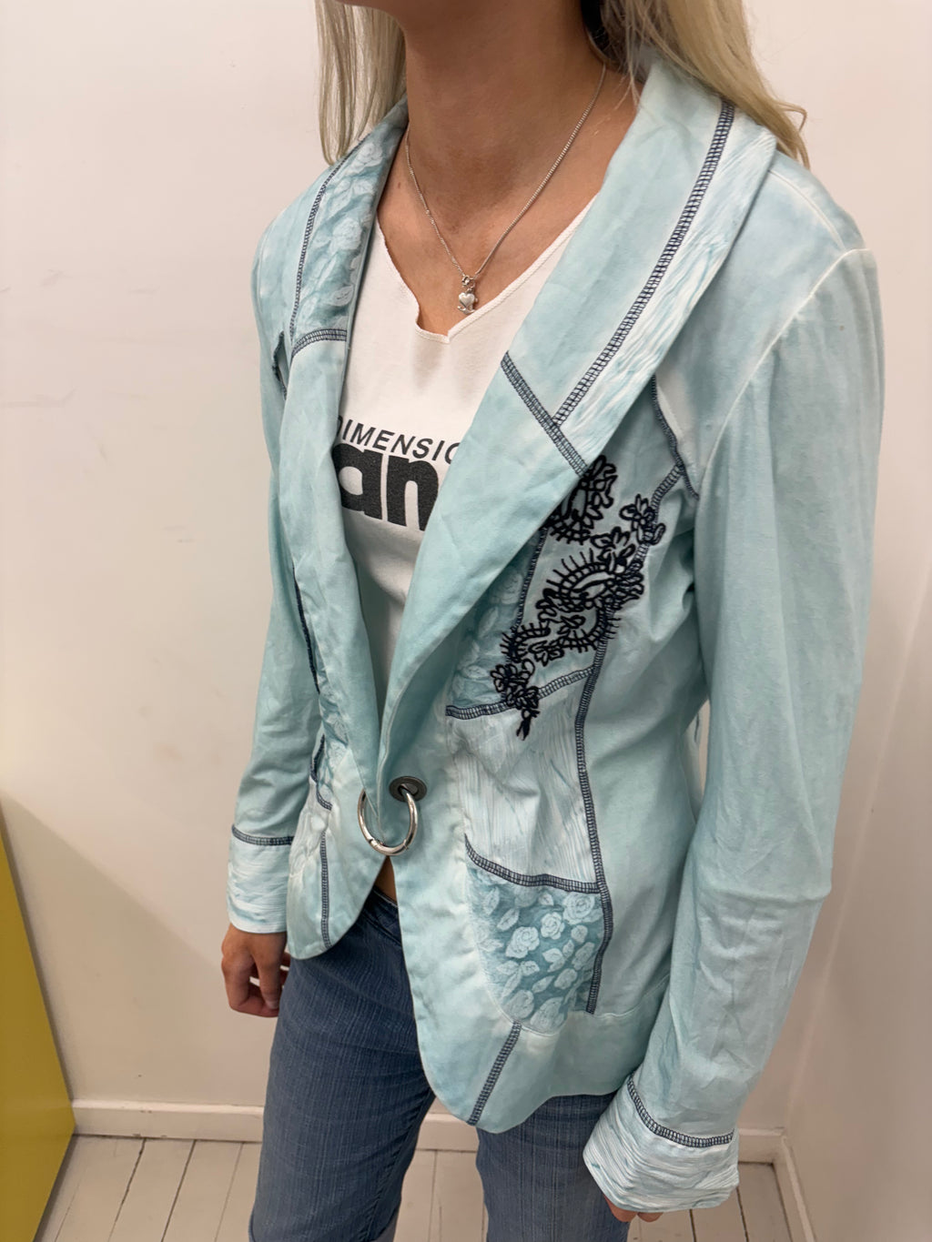 Pale Blue Floral Patchwork Jacket with Ring Closure