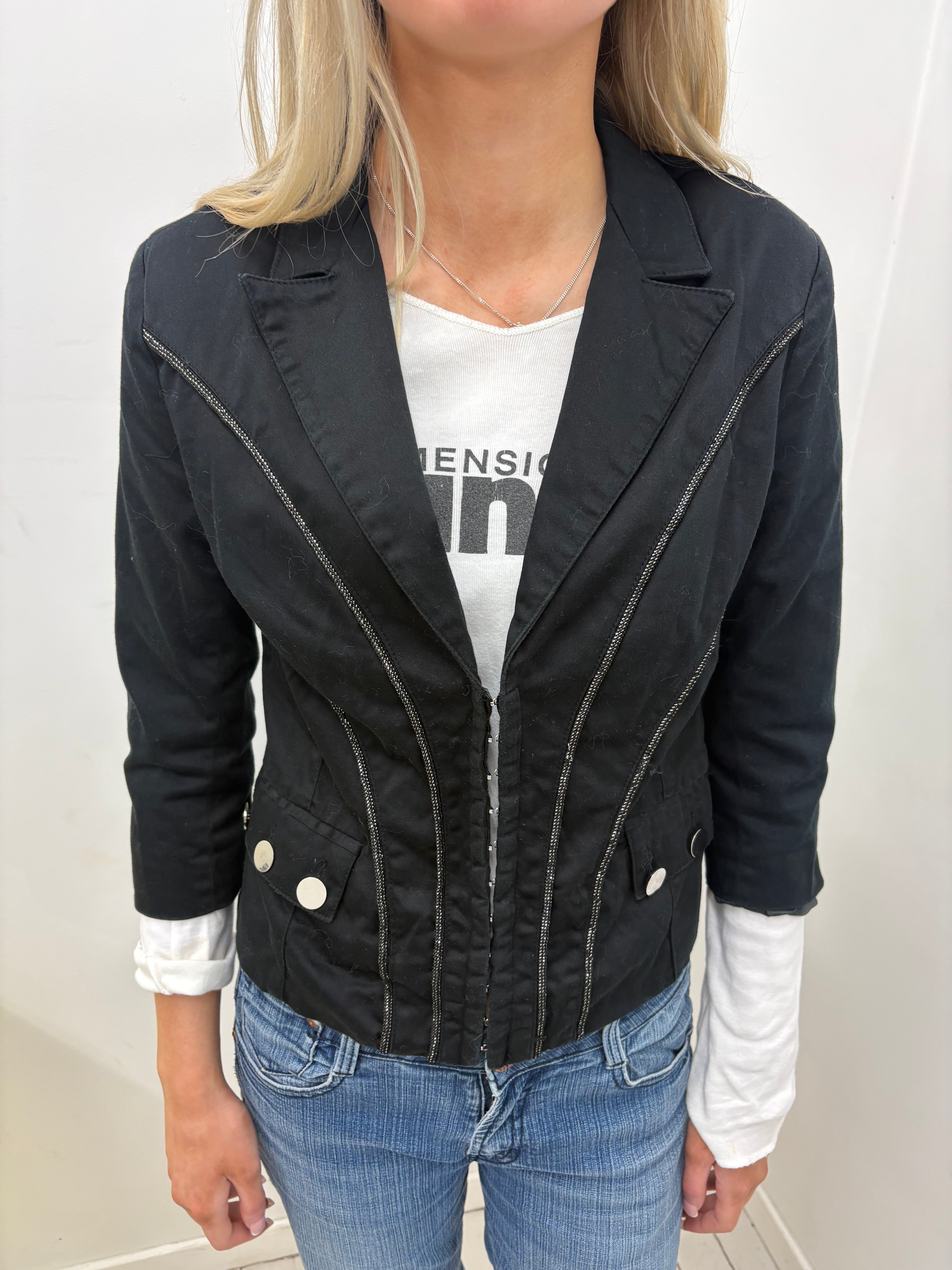 Black Cropped Jacket with Chain-Link Trim and Hook Closures