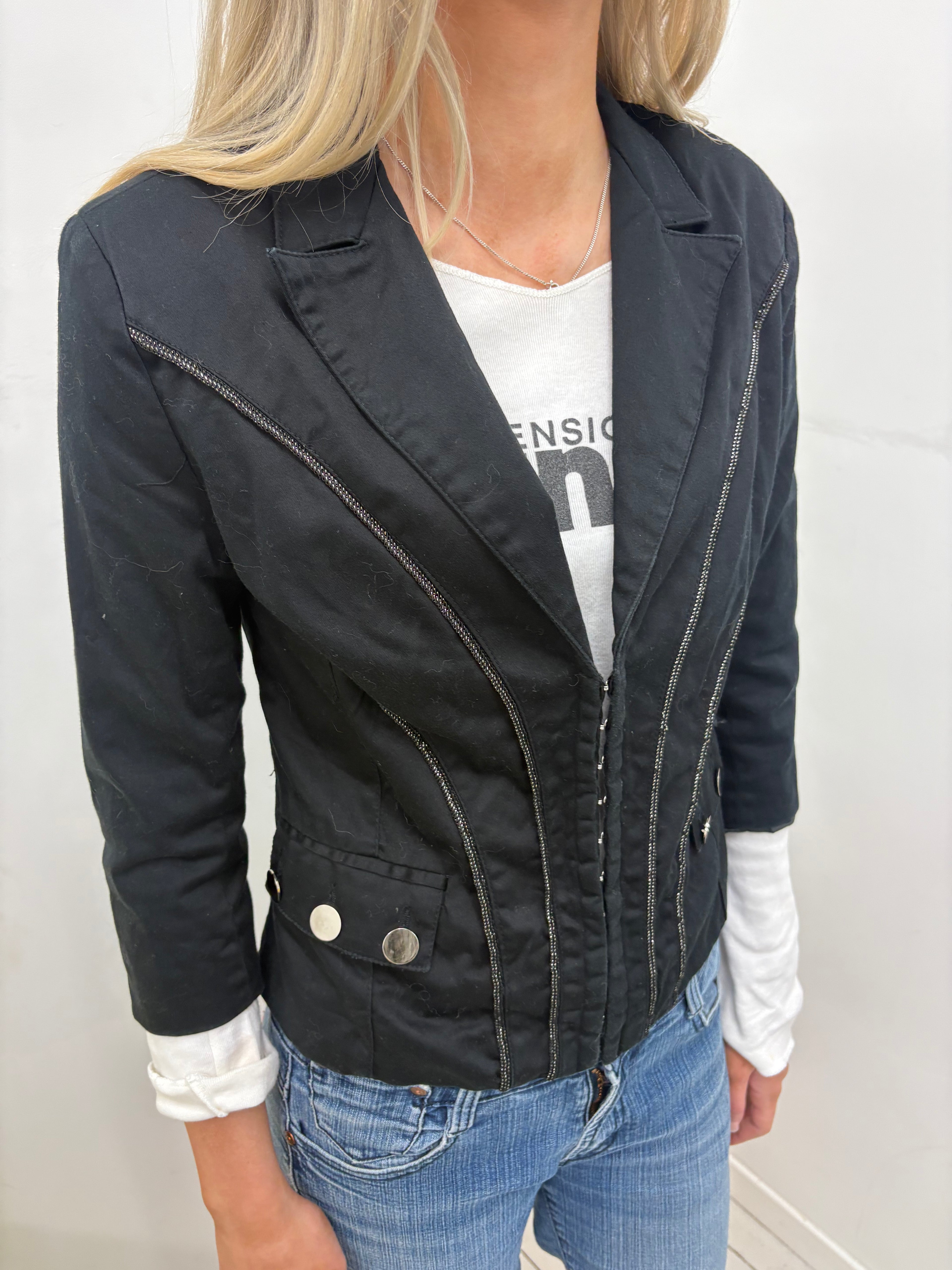Black Cropped Jacket with Chain-Link Trim and Hook Closures