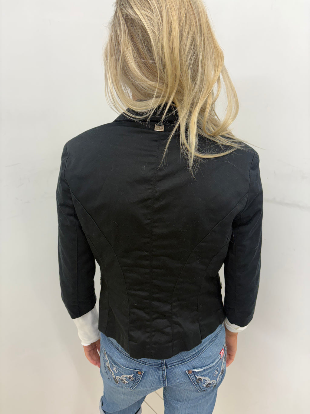 Black Cropped Jacket with Chain-Link Trim and Hook Closures