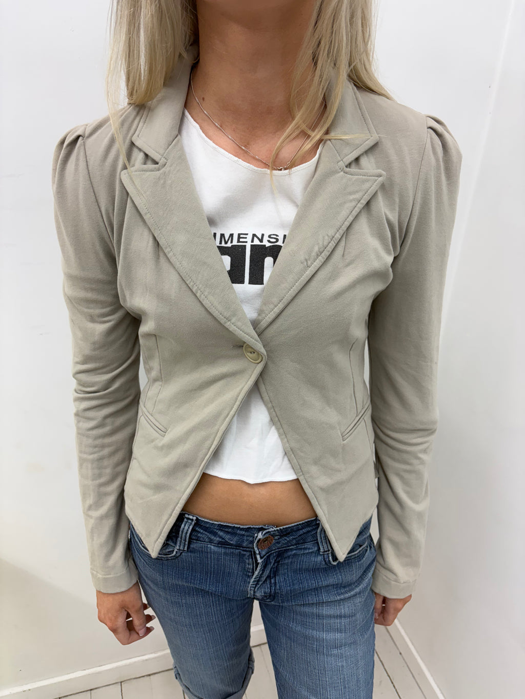 Beige Fitted Blazer with Tiered Ruffle Hem