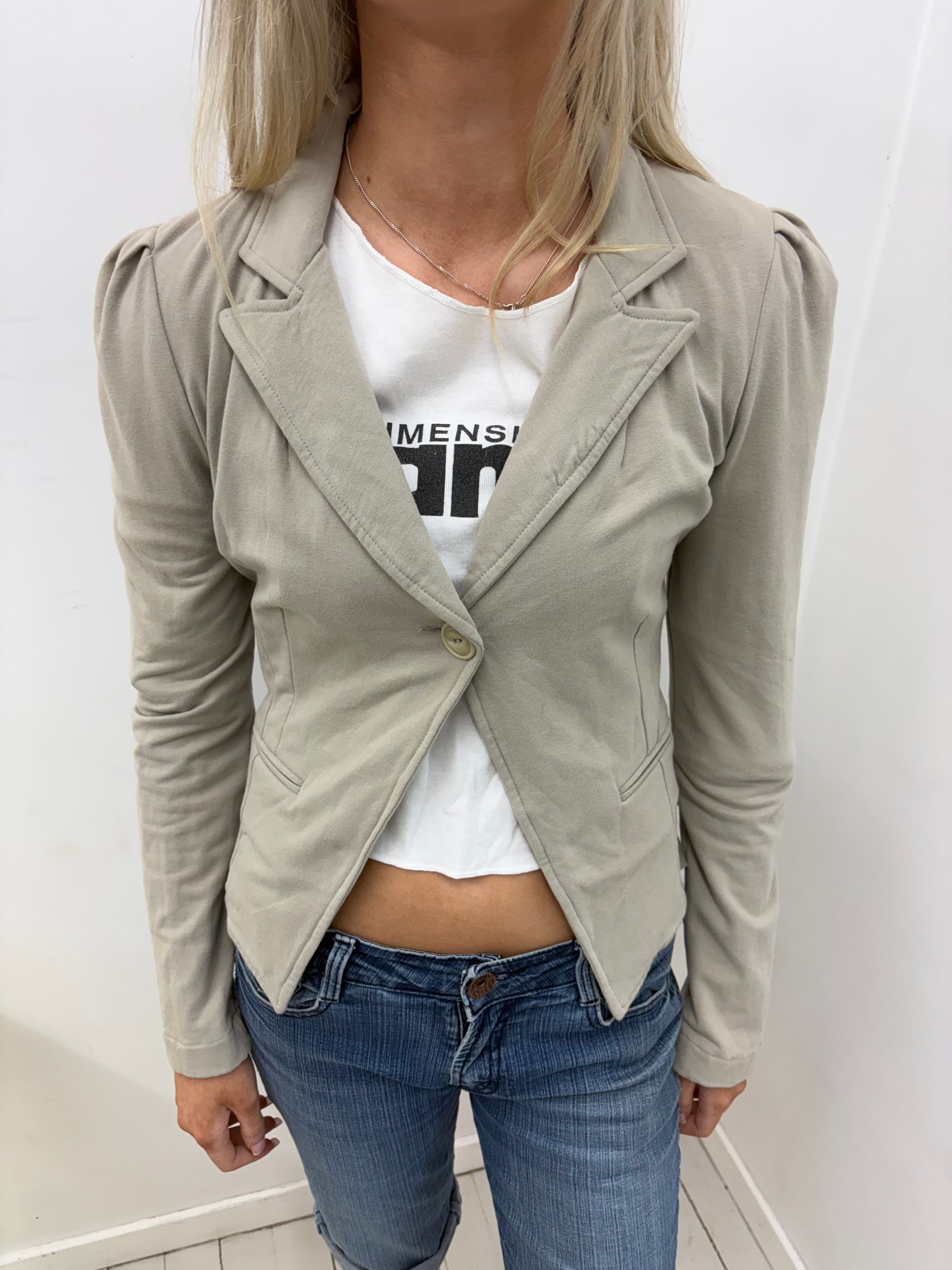 Beige Fitted Blazer with Tiered Ruffle Hem
