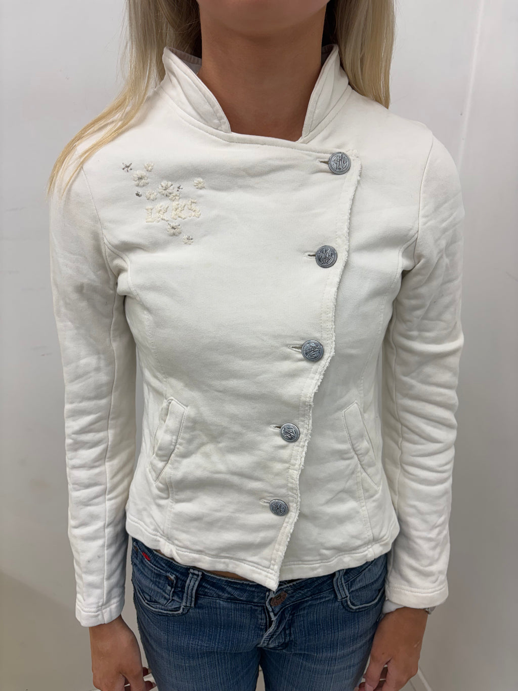 White Asymmetric Snap Jacket with Floral Embroidery