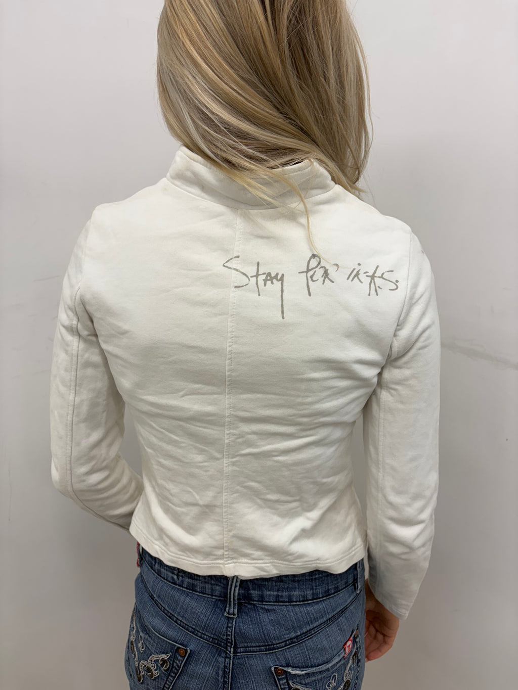 White Asymmetric Snap Jacket with Floral Embroidery