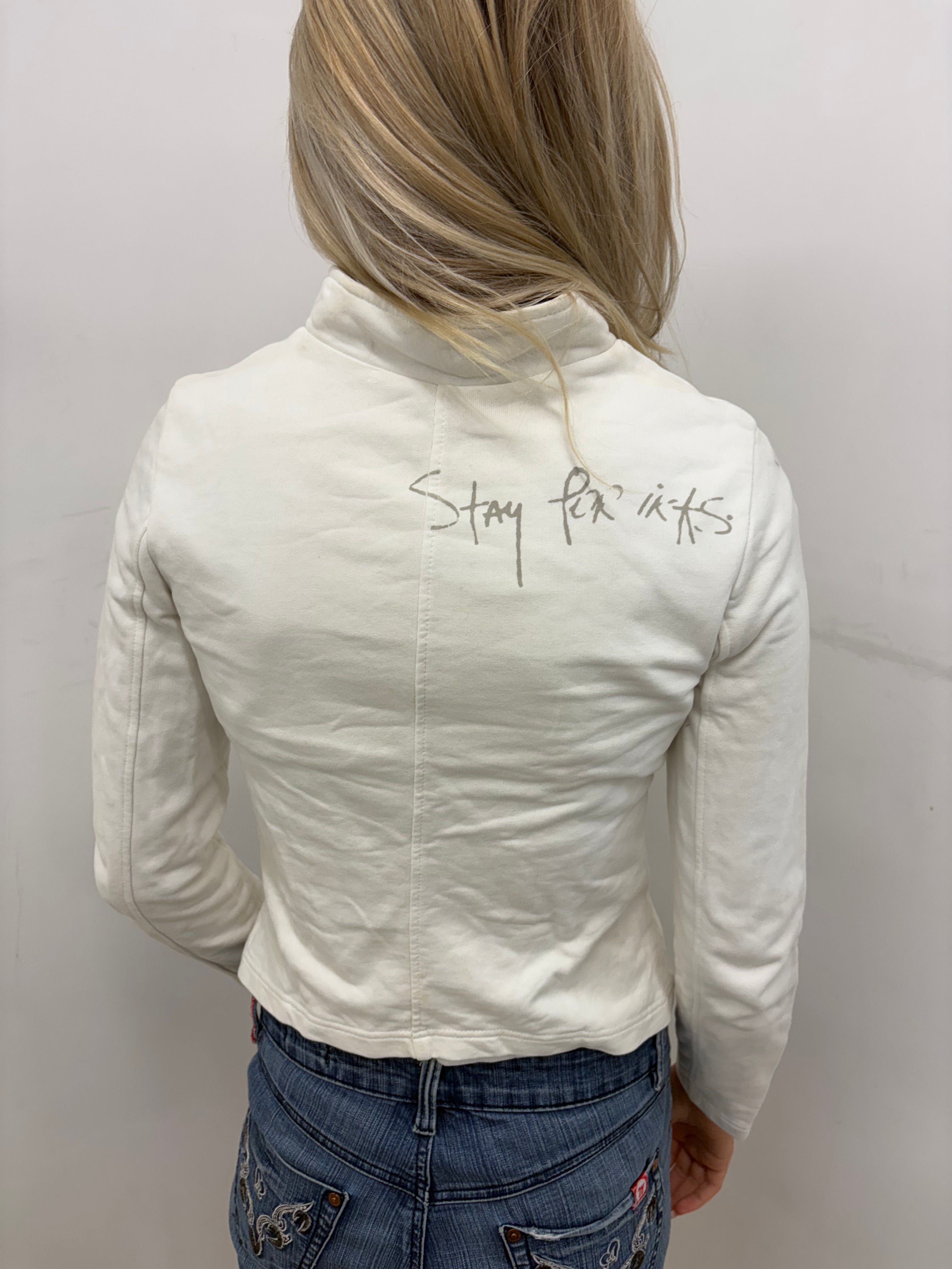 White Asymmetric Snap Jacket with Floral Embroidery