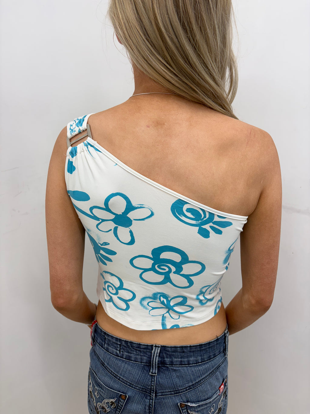 Blue Floral One-Shoulder Crop Top