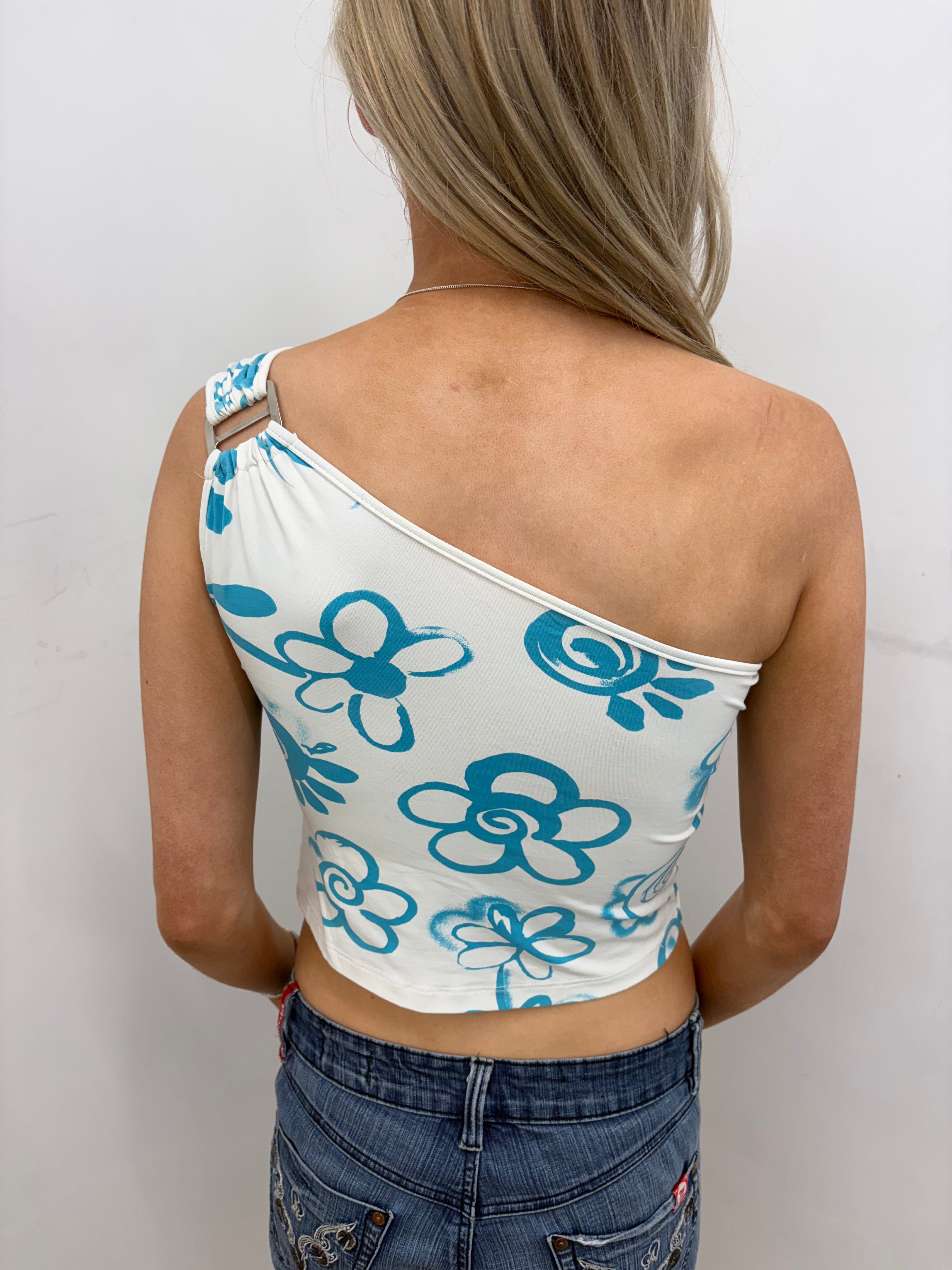 Blue Floral One-Shoulder Crop Top