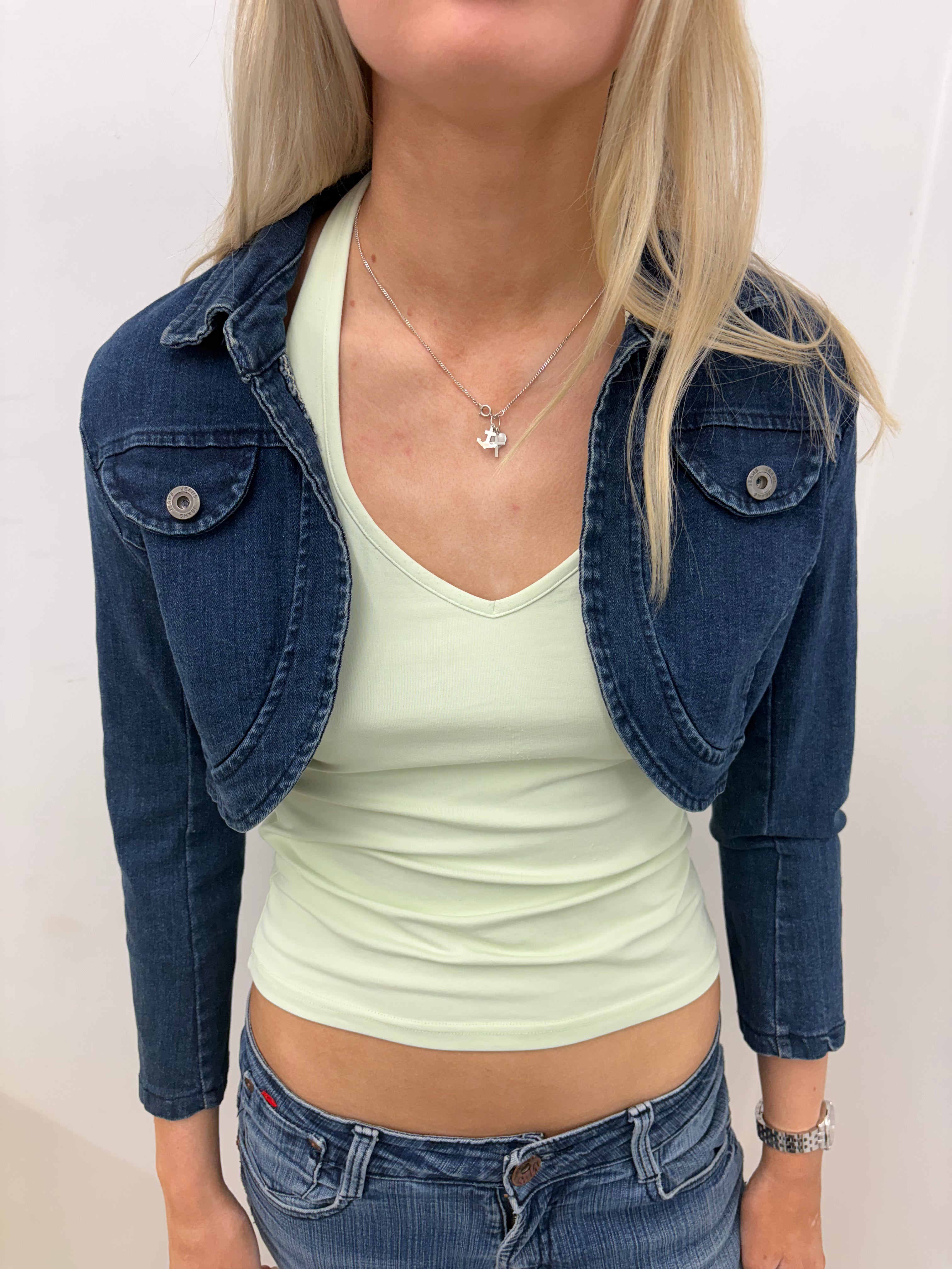 Cropped Dark Wash Denim Jacket with Pockets