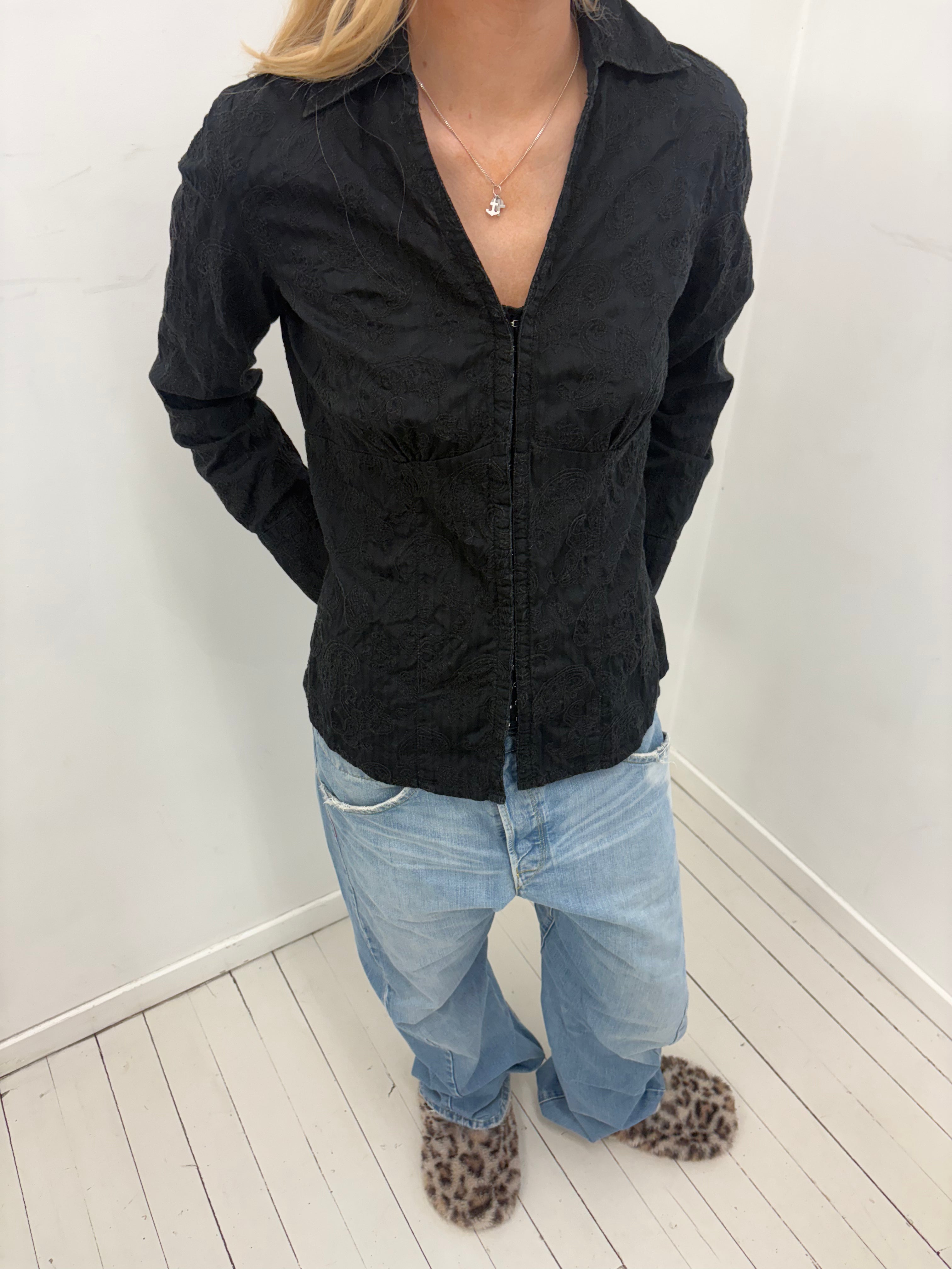 Black Paisley Embroidered Y2K Blouse