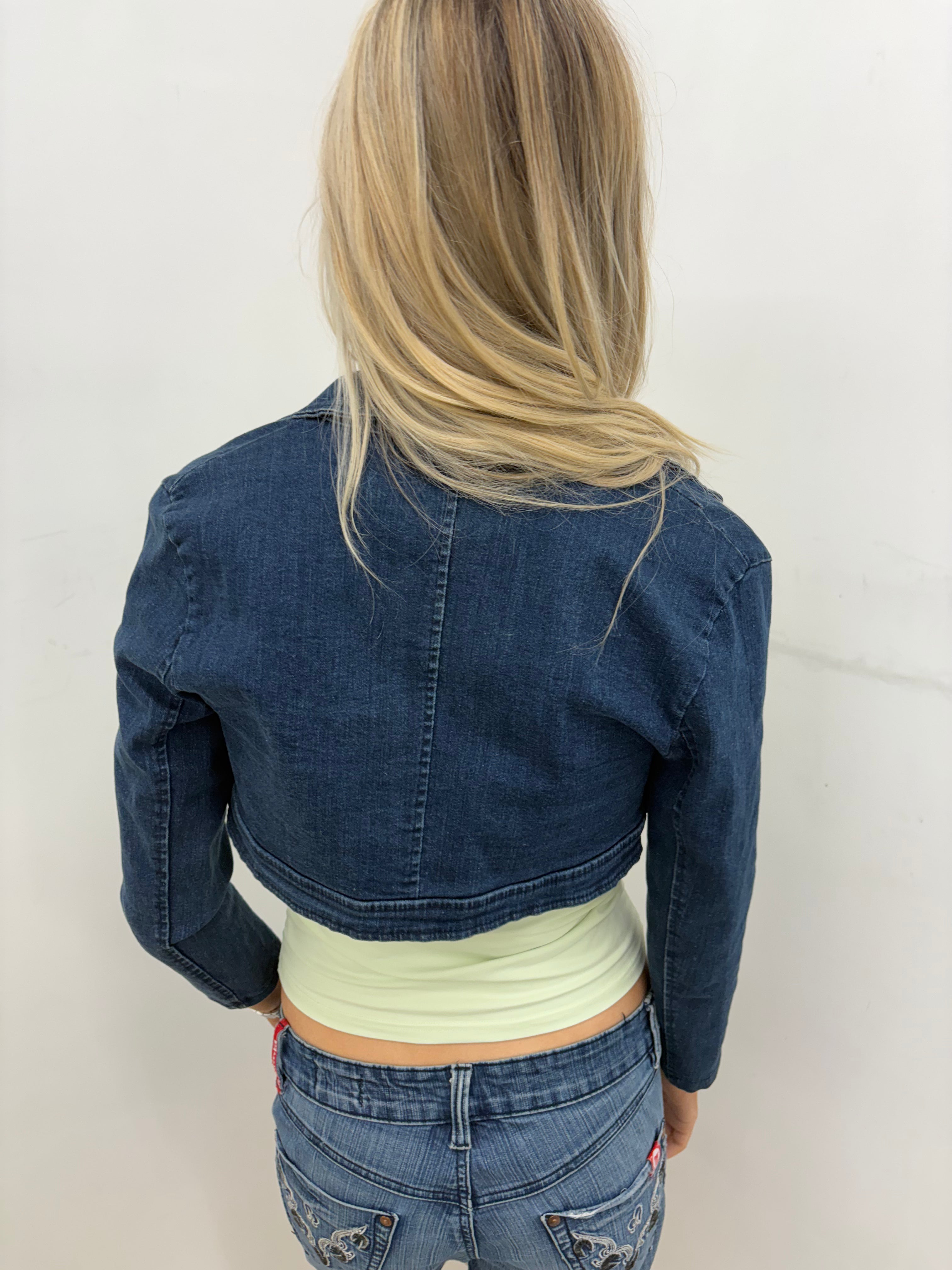 Cropped Dark Wash Denim Jacket with Pockets